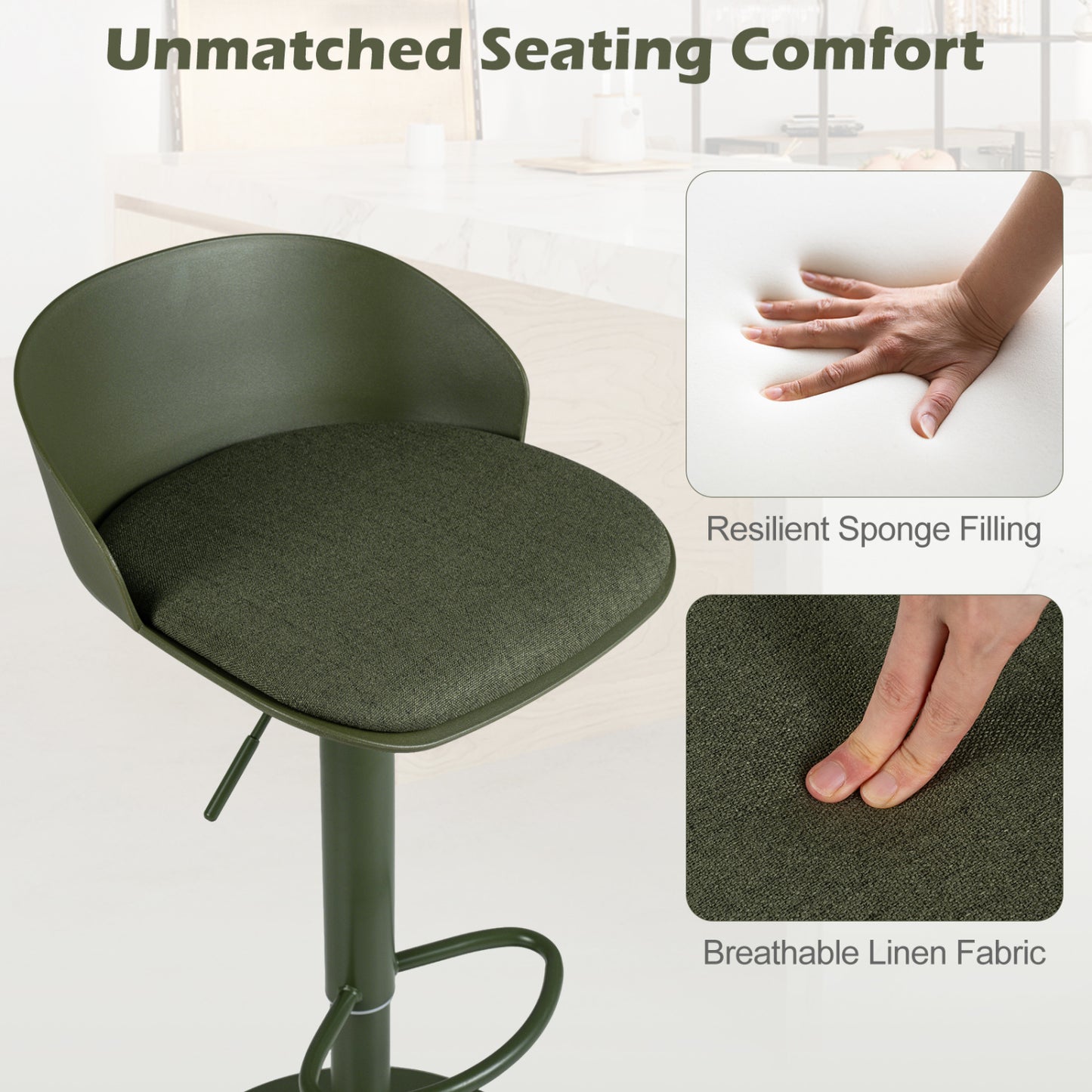 Adjustable Swivel Bar Stools Set of 4 w/ Back, Footrest, Green