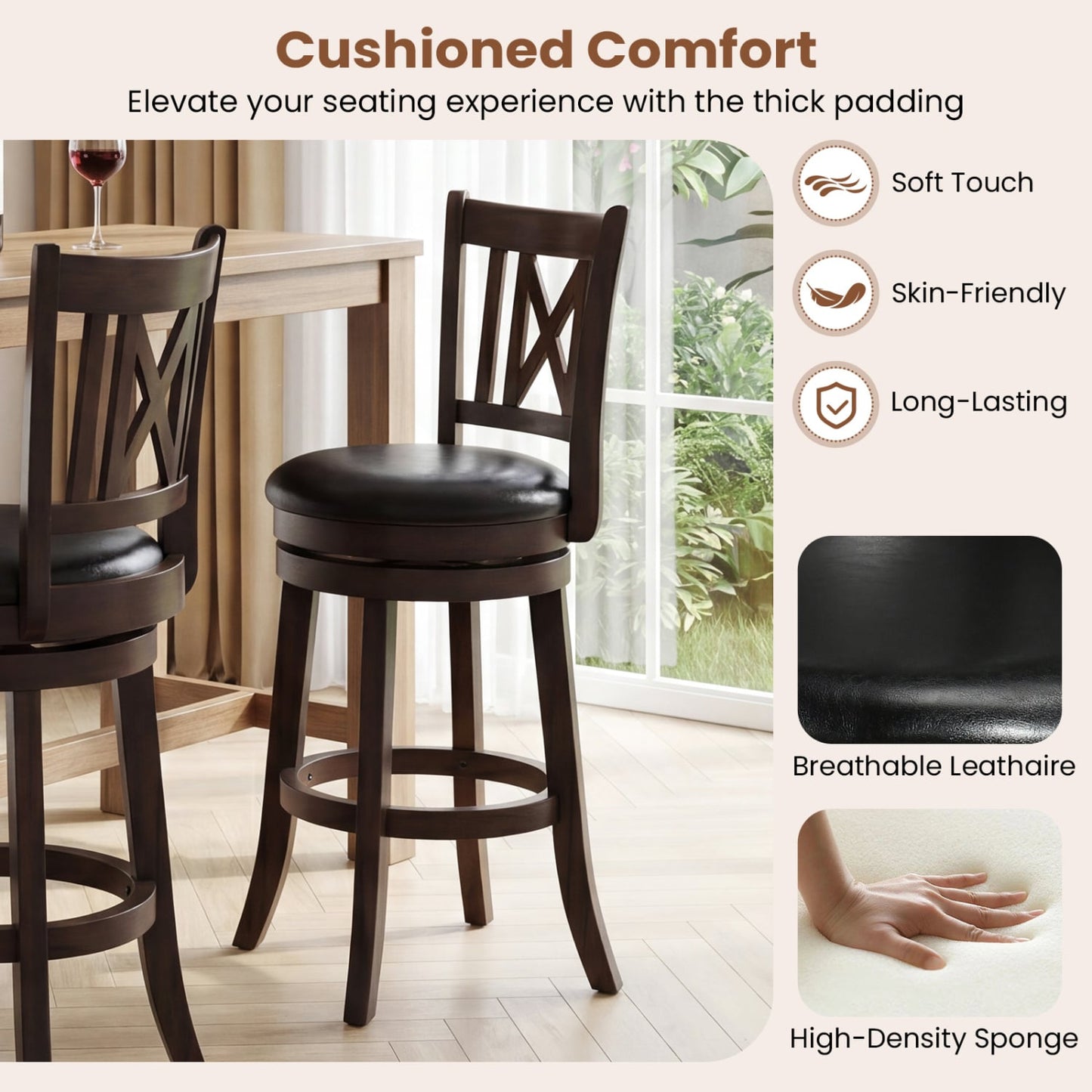 Set of 4 Swivel Bar Stools with Footrest, 26 Inches