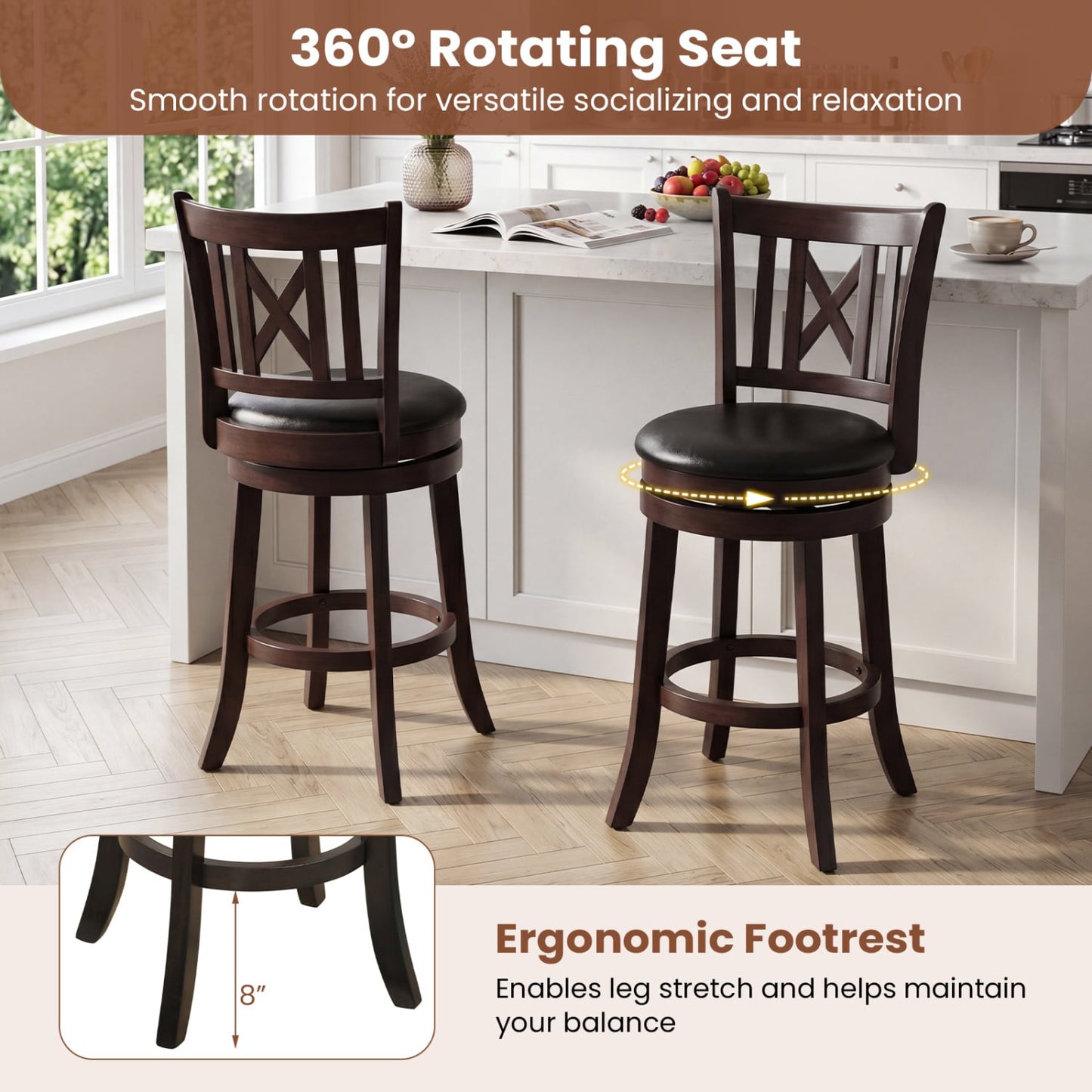 Set of 4 Swivel Bar Stools with Footrest, 26 Inches