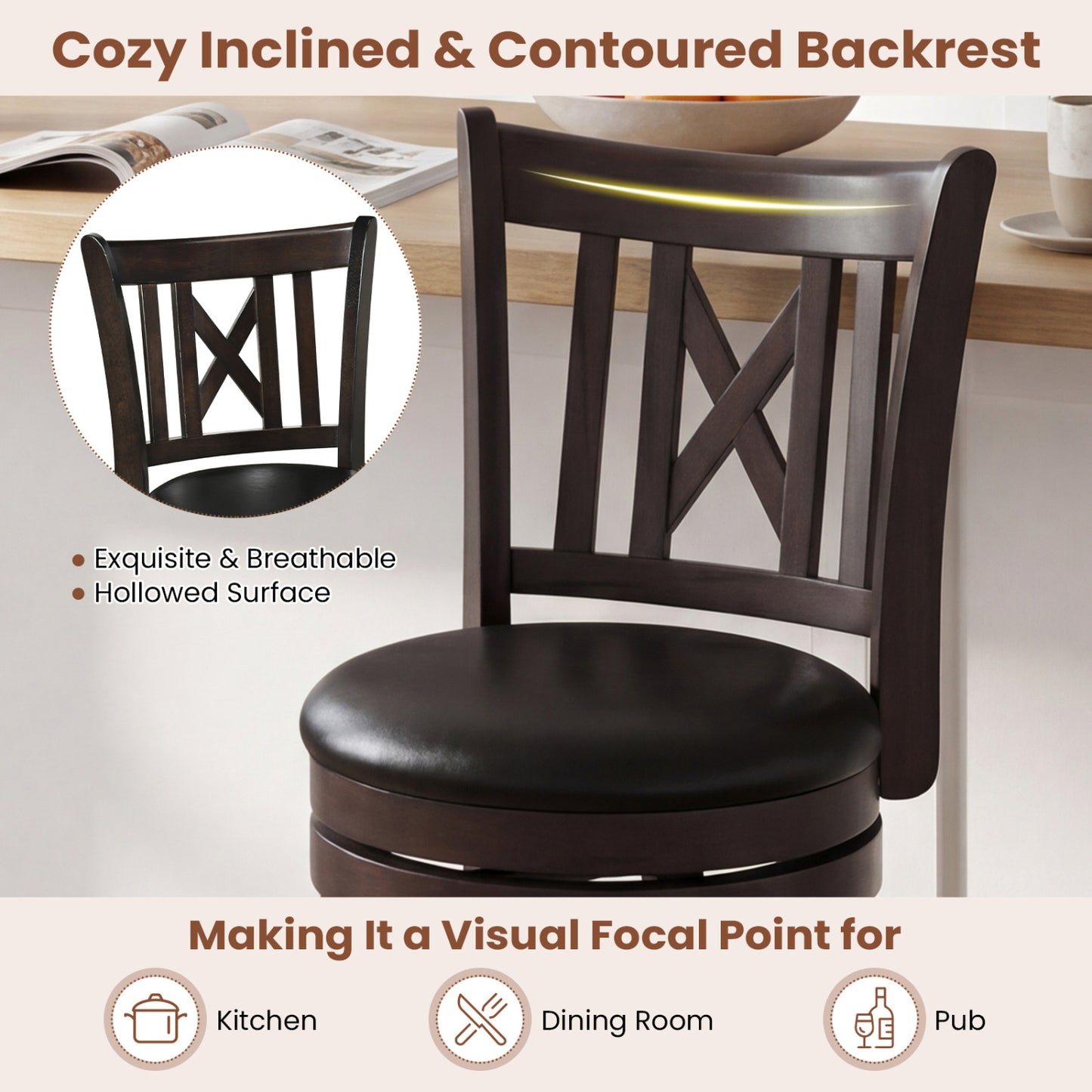 Set Of 4 Swivel Bar Stools With Hollowed Backrest, 30 Inches