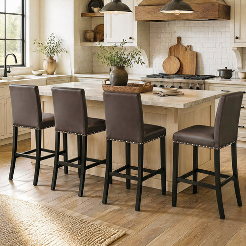 Set of 4 Bar Stools with Back, Brown