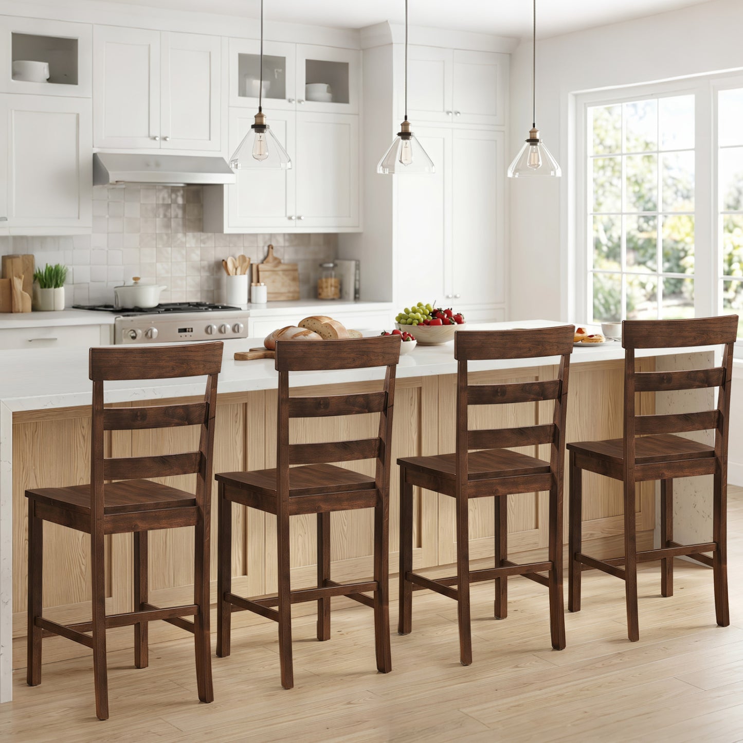 Ensemble de 4 tabourets de bar, pour salle à manger, cadre en bois d'hévéa