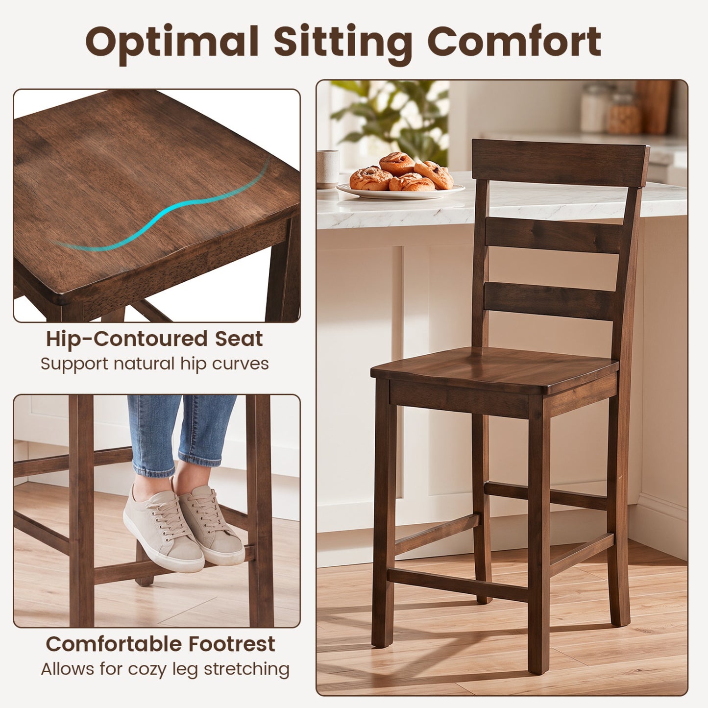 Ensemble de 4 tabourets de bar, pour salle à manger, cadre en bois d'hévéa