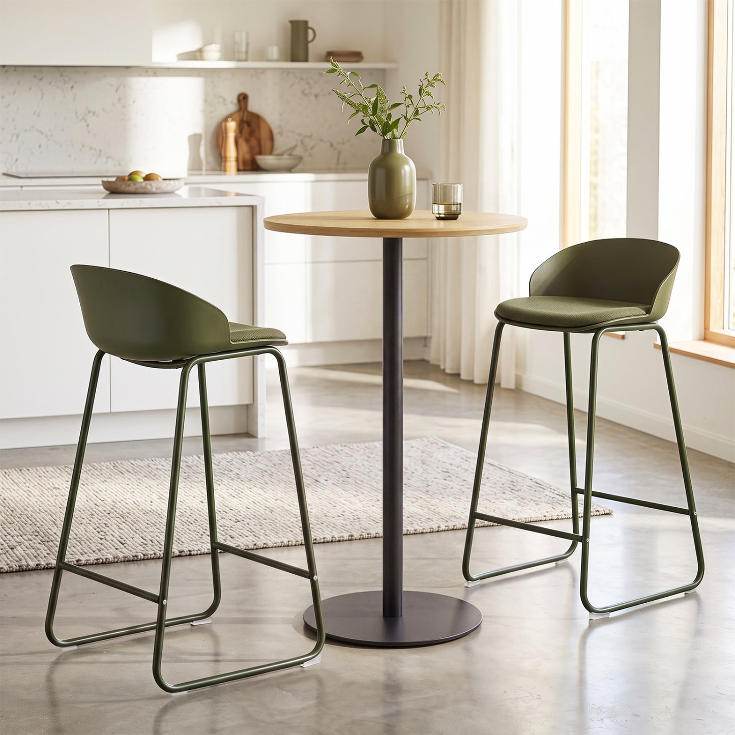 Set of 4 Bar Stools, Curved Backrest, Metal Frame, Green