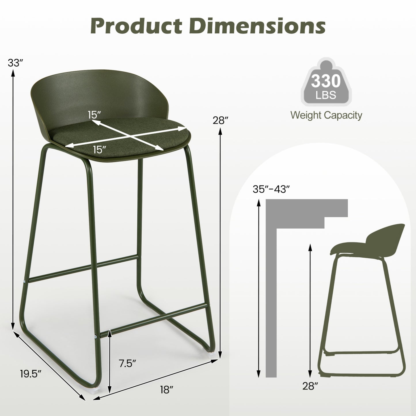 Set of 4 Bar Stools, Curved Backrest, Metal Frame, Green