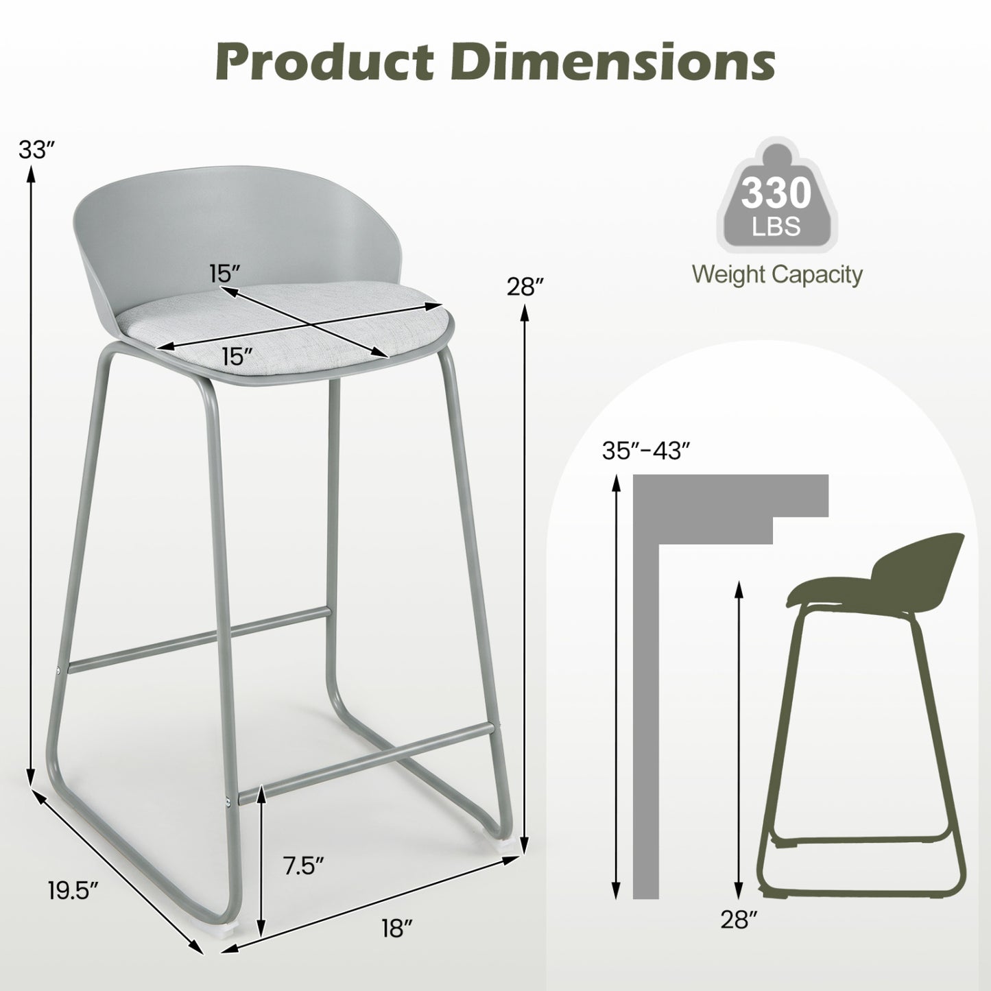 Set of 4 Bar Stools, Curved Backrest, Metal Frame, Gray