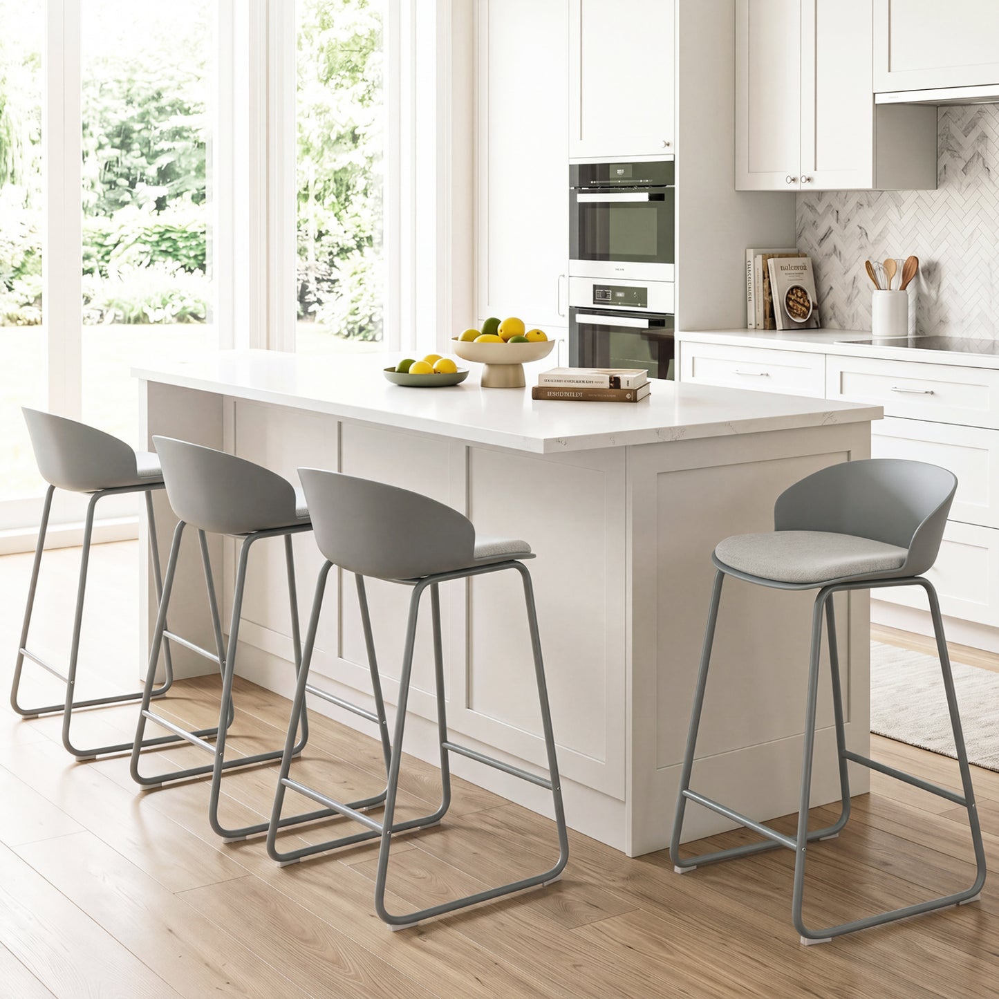 Set of 4 Bar Stools, Curved Backrest, Metal Frame, Gray