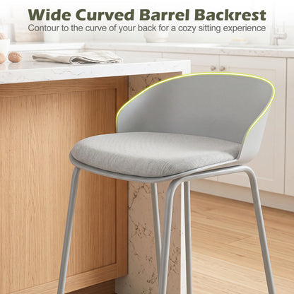 Set of 4 Bar Stools, Curved Backrest, Metal Frame, Gray