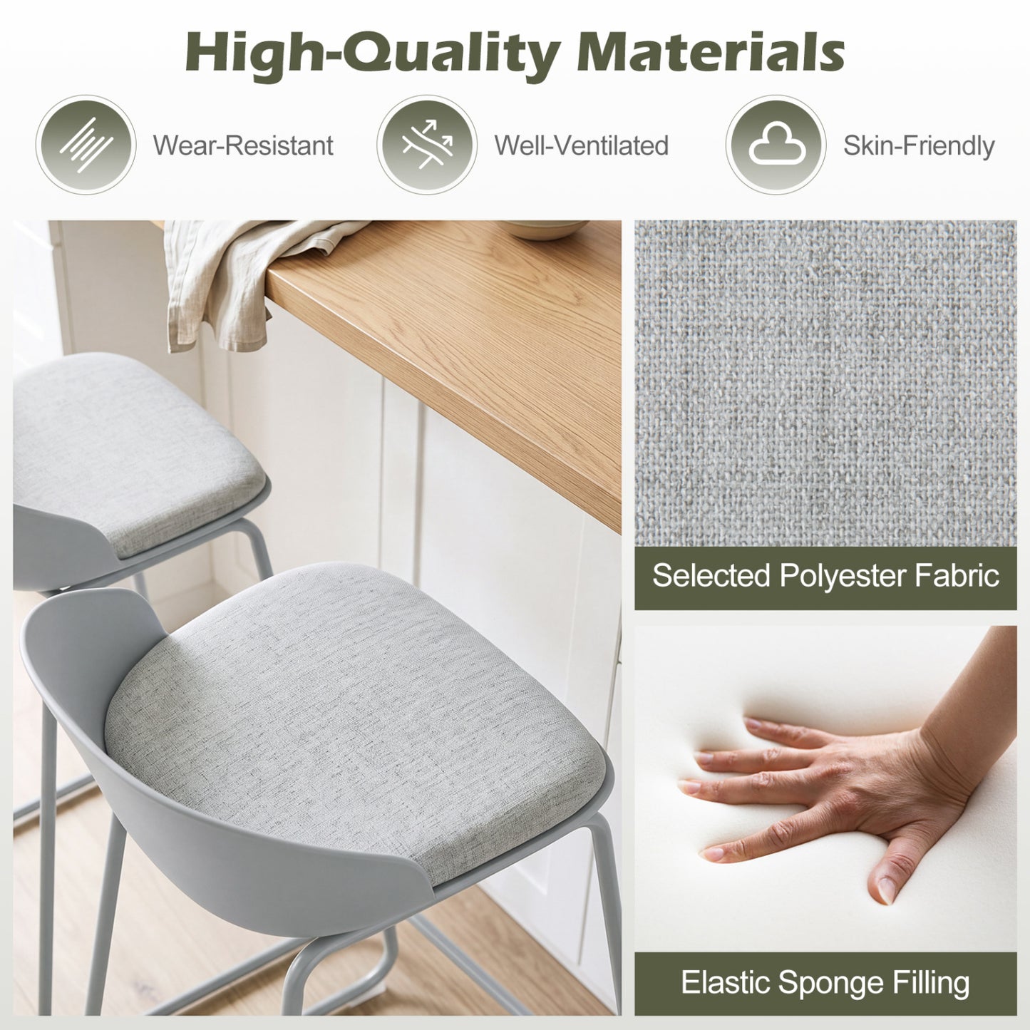 Set of 4 Bar Stools, Curved Backrest, Metal Frame, Gray