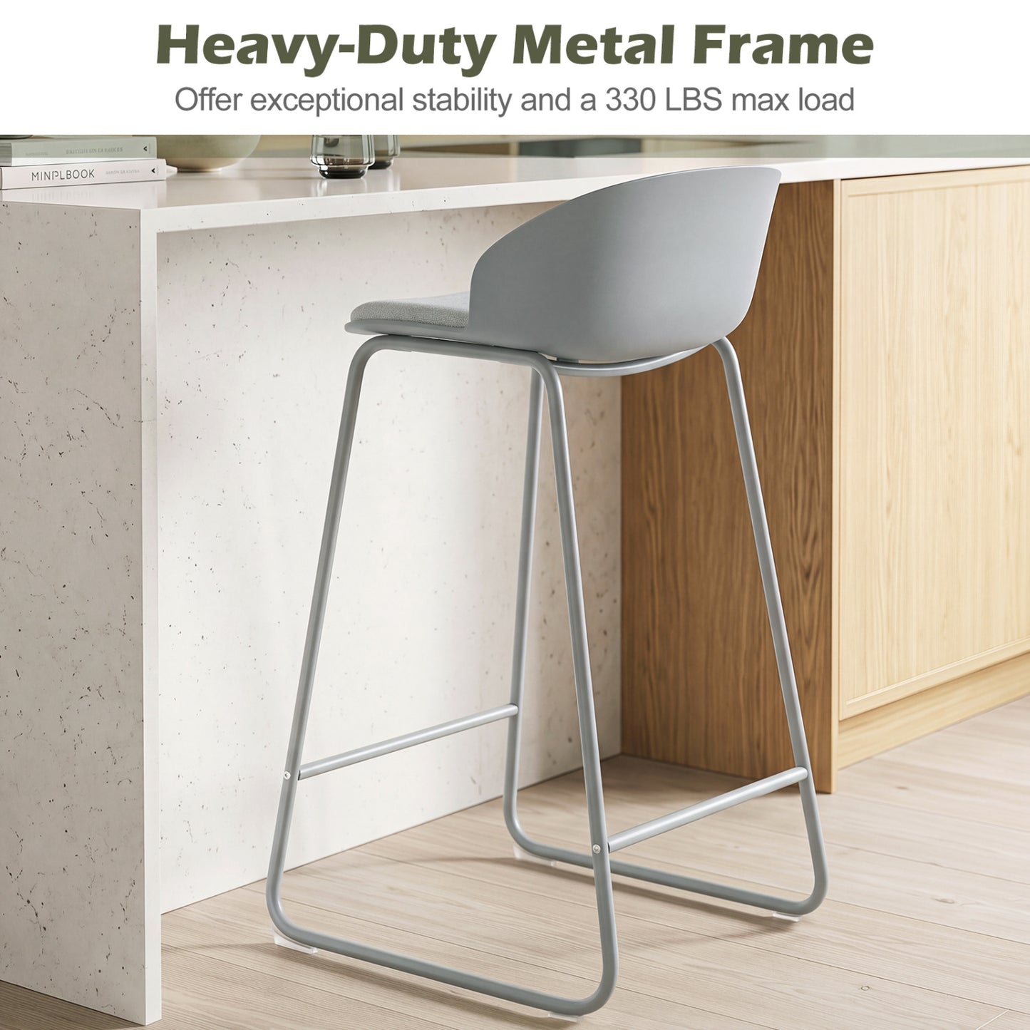 Set of 4 Bar Stools, Curved Backrest, Metal Frame, Gray