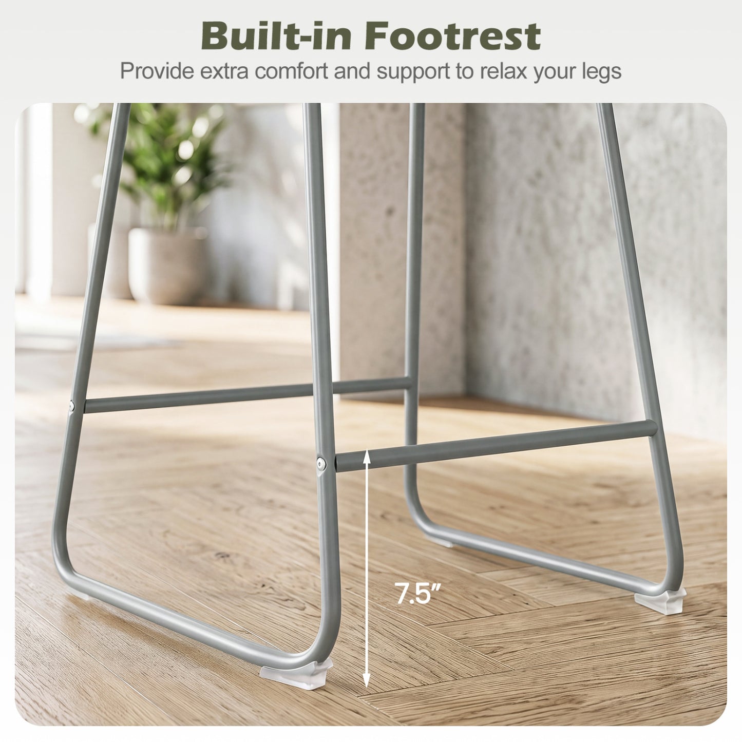 Set of 4 Bar Stools, Curved Backrest, Metal Frame, Gray