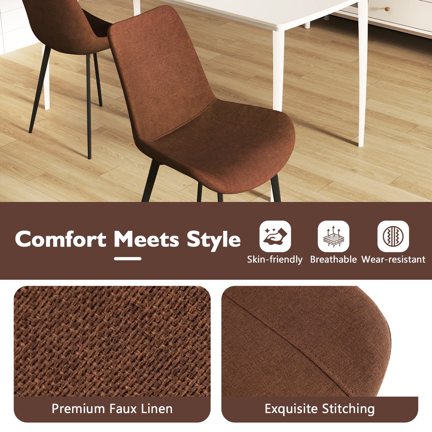 Set of 4 Dining Chair Upholstered with Metal Legs and Padded Backs, Brown Dining Chairs at Gallery Canada