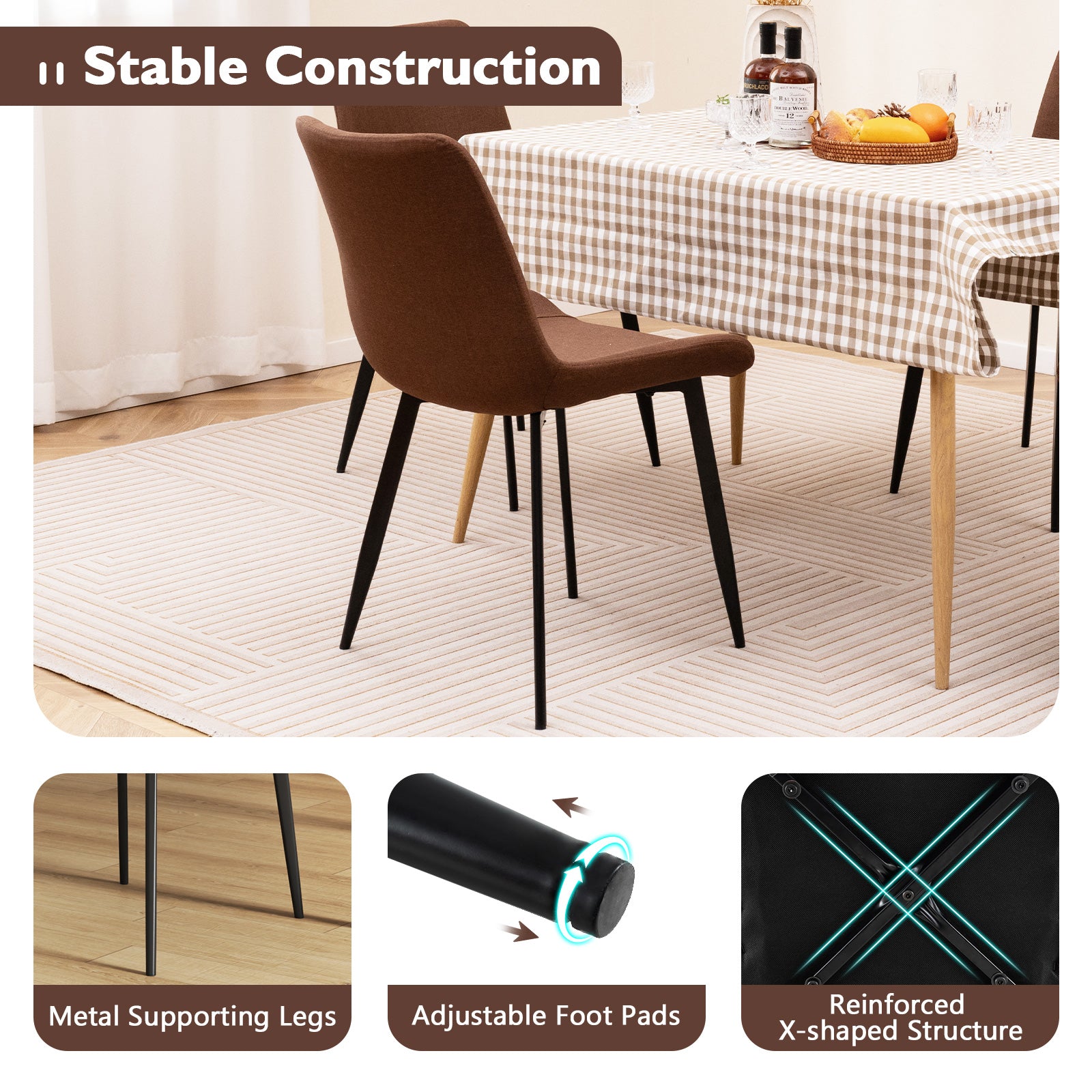 Set of 4 Dining Chair Upholstered with Metal Legs and Padded Backs, Brown Dining Chairs at Gallery Canada