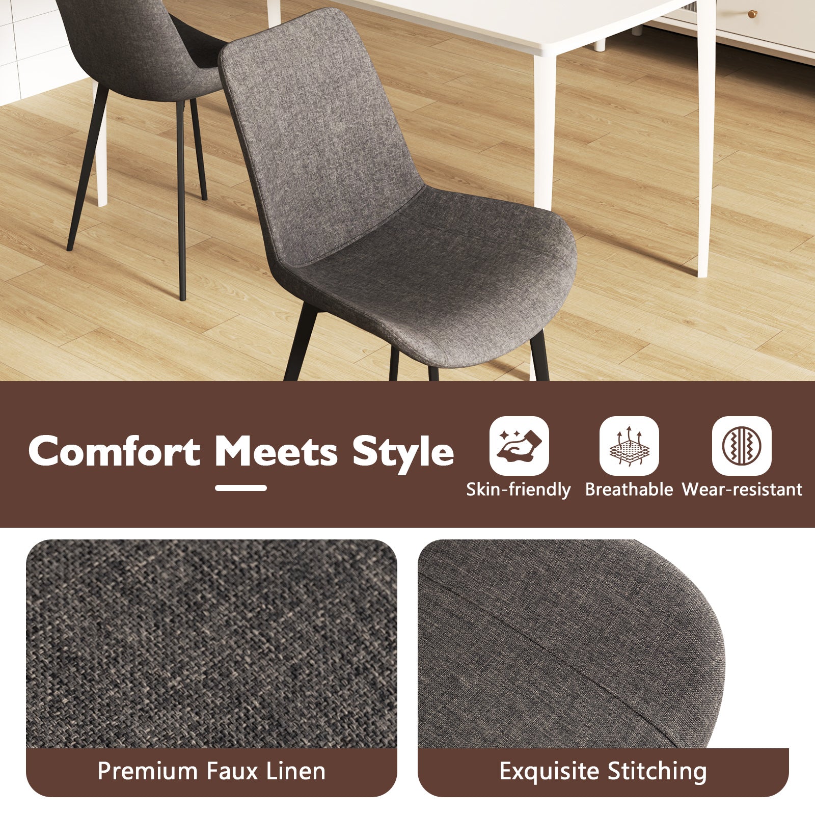 Set of 4 Dining Chair Upholstered with Metal Legs and Padded Backs, Gray Dining Chairs at Gallery Canada