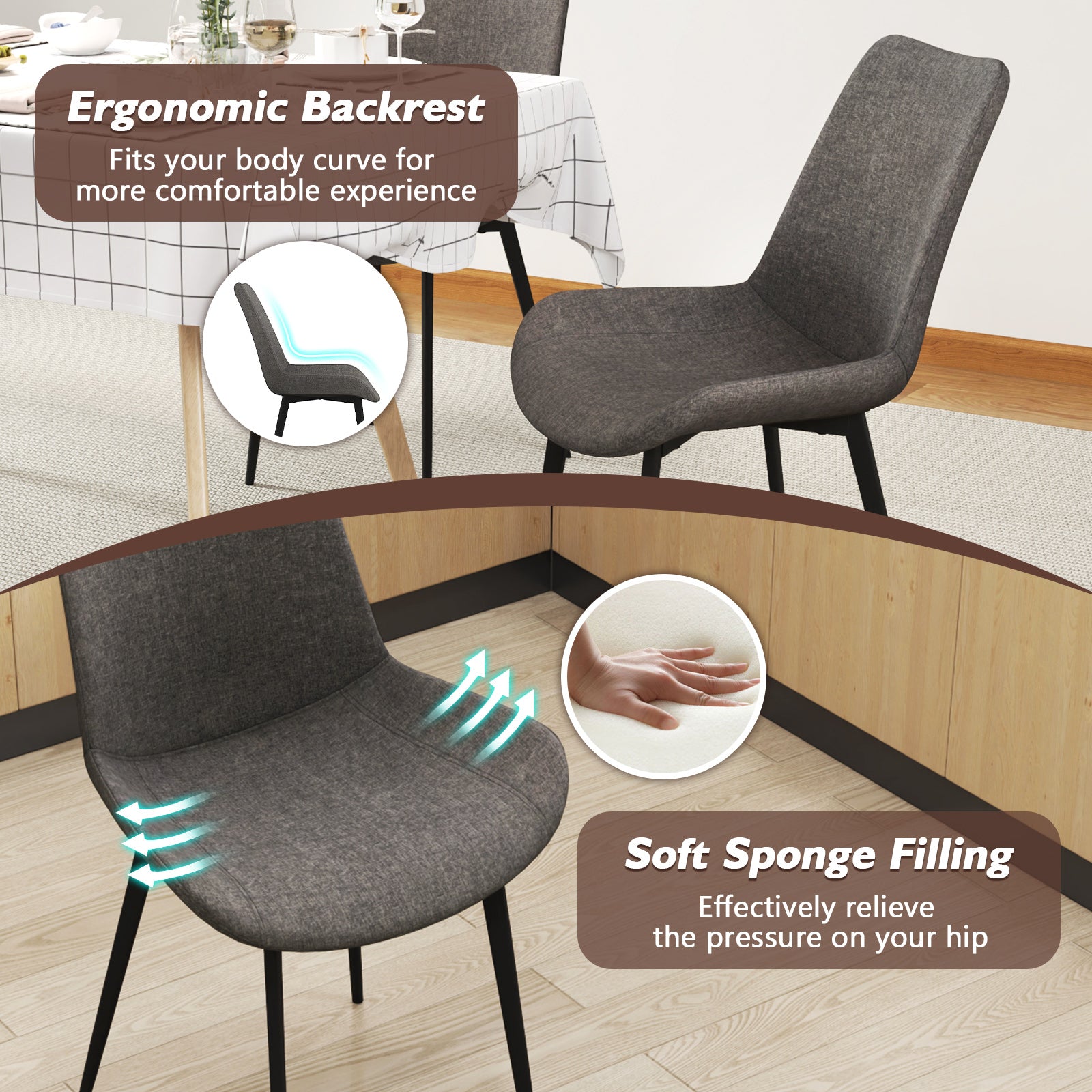 Set of 4 Dining Chair Upholstered with Metal Legs and Padded Backs, Gray Dining Chairs at Gallery Canada