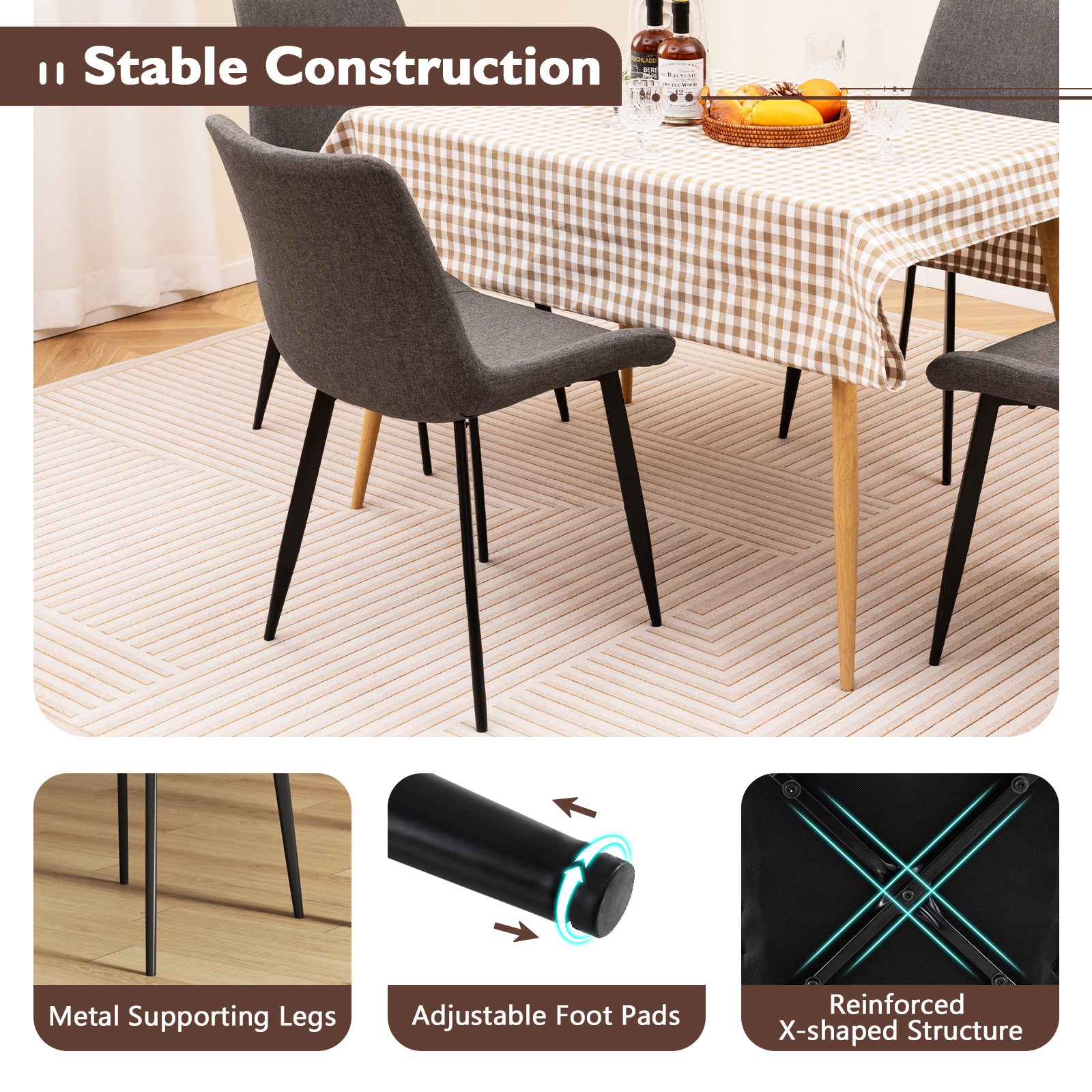 Set of 4 Dining Chair Upholstered with Metal Legs and Padded Backs, Gray Dining Chairs at Gallery Canada