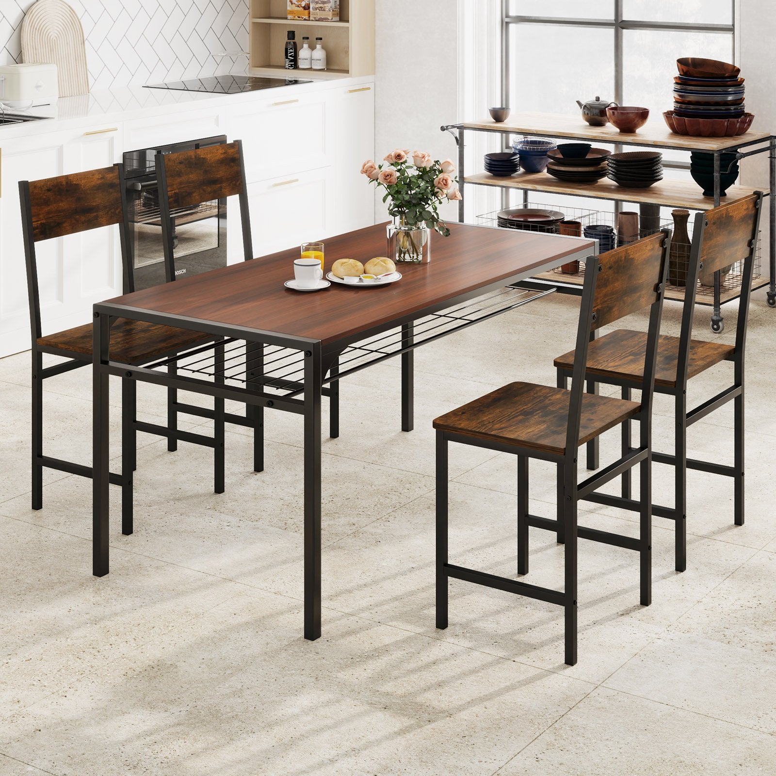 Set of 4 Dining Chairs with Metal Legs and Slanted Back, Rustic Brown Dining Chairs at Gallery Canada