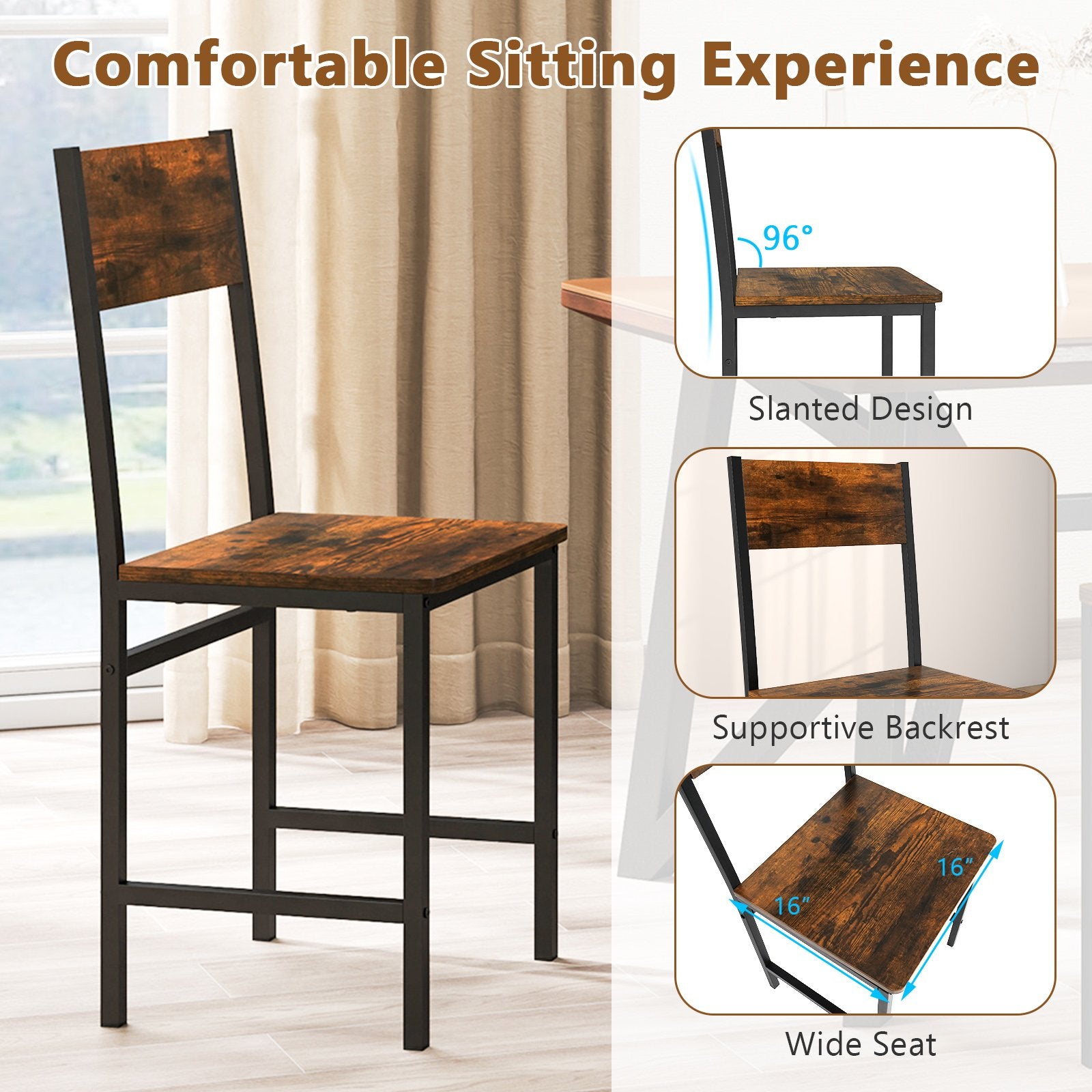 Set of 4 Dining Chairs with Metal Legs and Slanted Back, Rustic Brown Dining Chairs at Gallery Canada