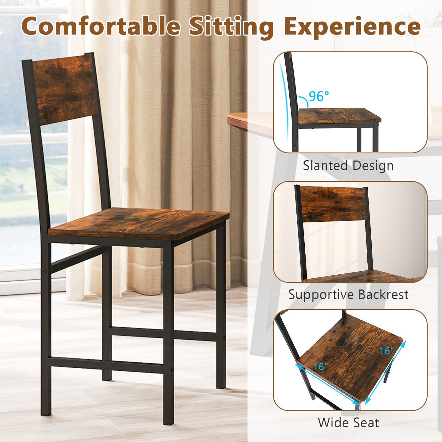 Set of 4 Dining Chairs with Metal Legs and Slanted Back, Rustic Brown Dining Chairs at Gallery Canada