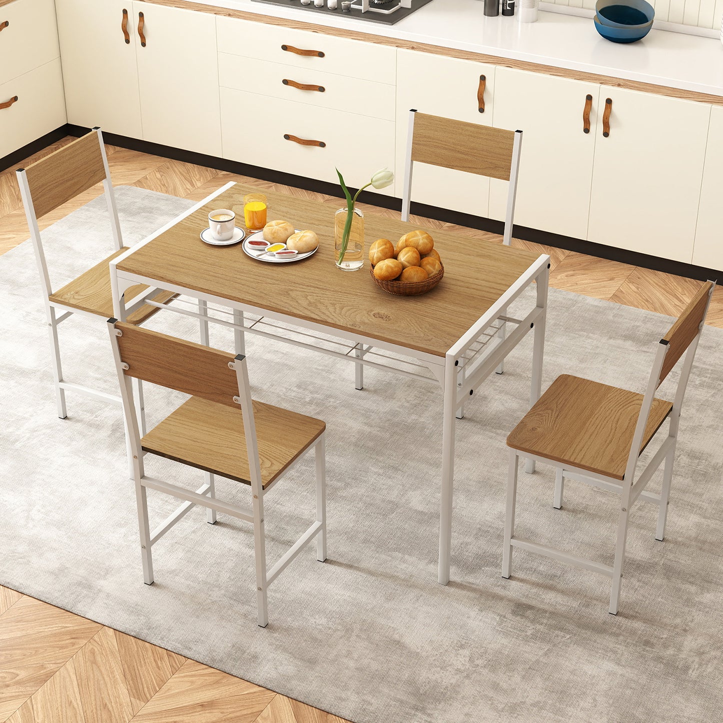 Set of 4 Dining Chairs with Metal Legs and Slanted Back, Natural