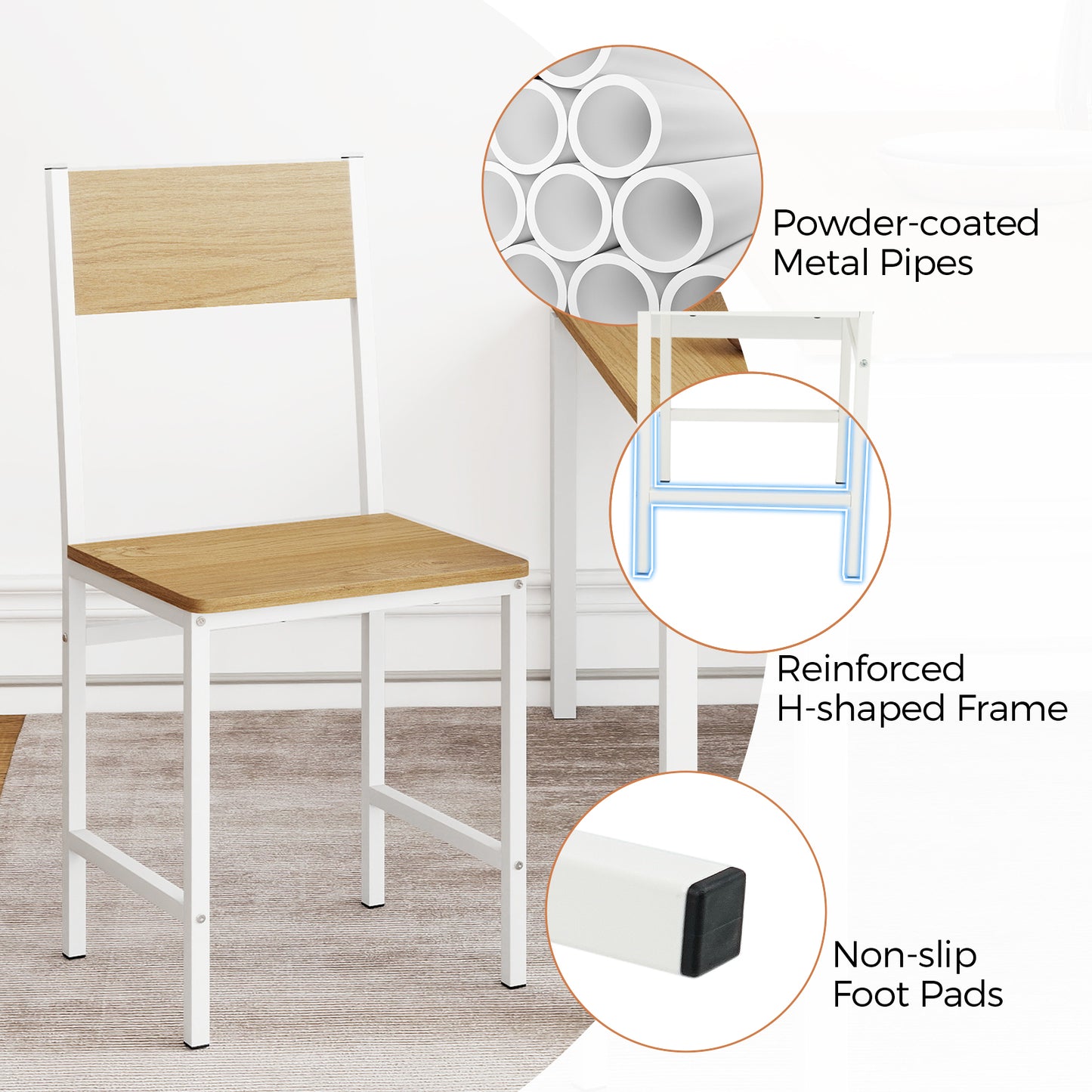 Set of 4 Dining Chairs with Metal Legs and Slanted Back, Natural