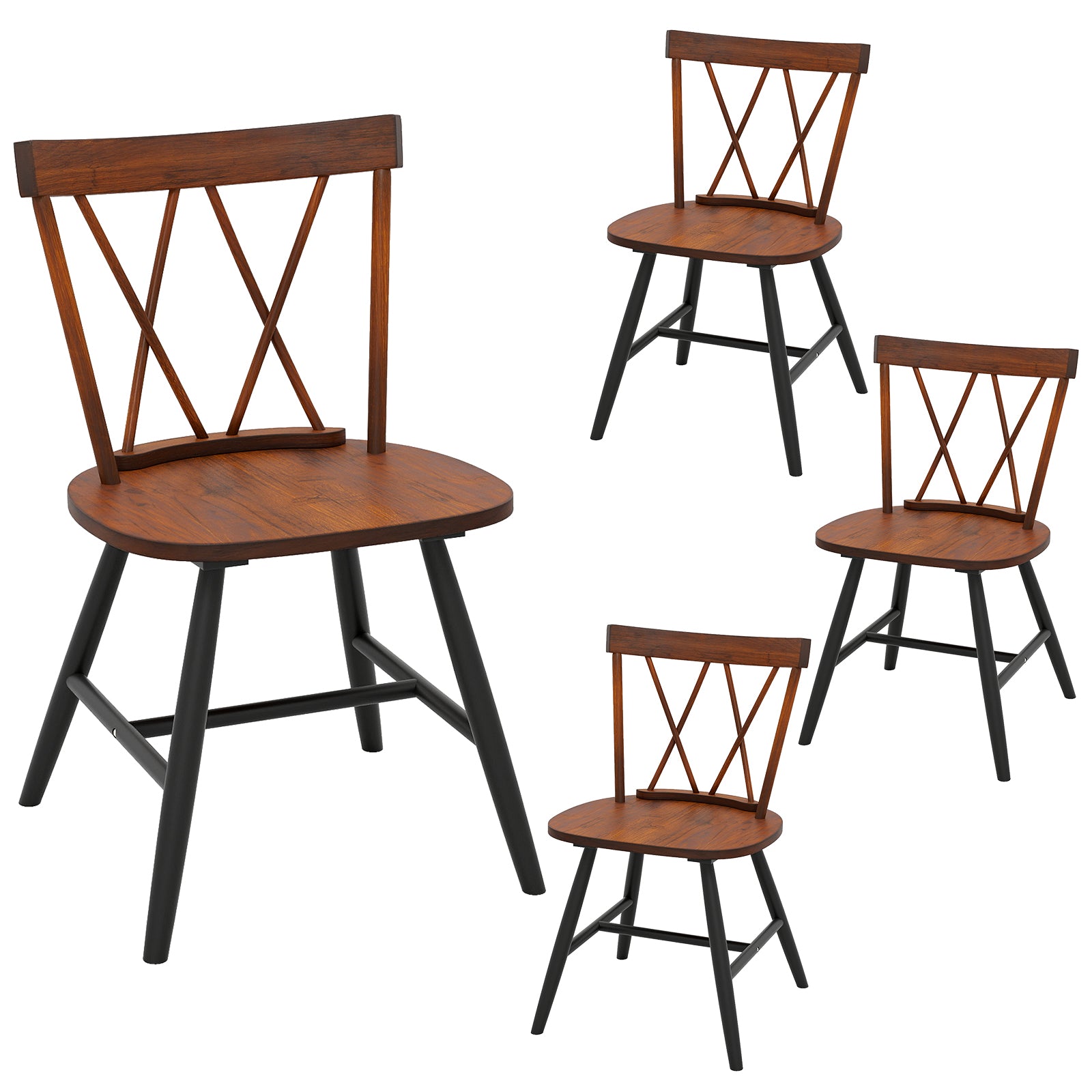 Set of 4 Dining Chairs with Rubber Wood Frame and Curved Cross Back, Dark Brown Dining Chairs at Gallery Canada