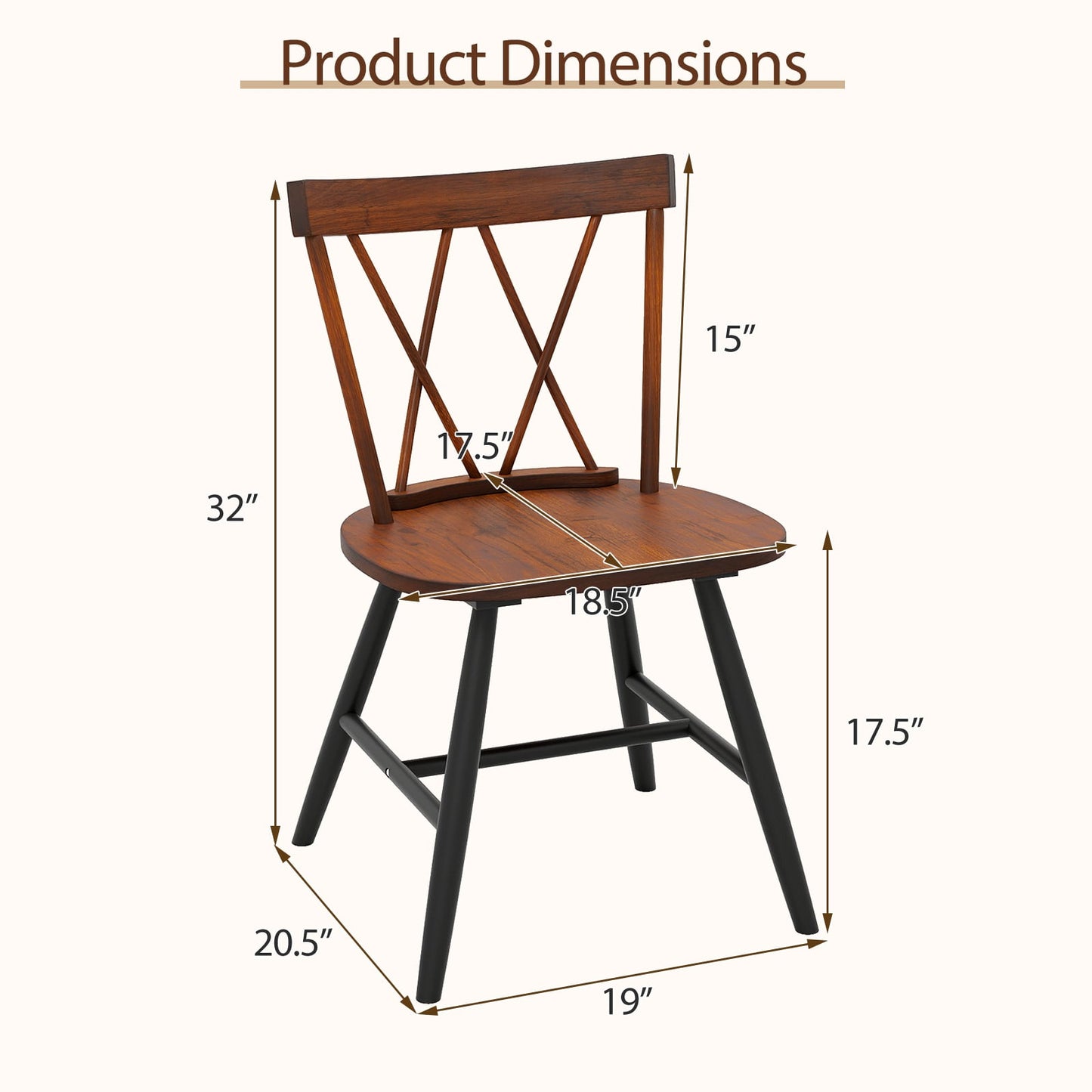 Set of 4 Dining Chairs with Rubber Wood Frame and Curved Cross Back, Dark Brown