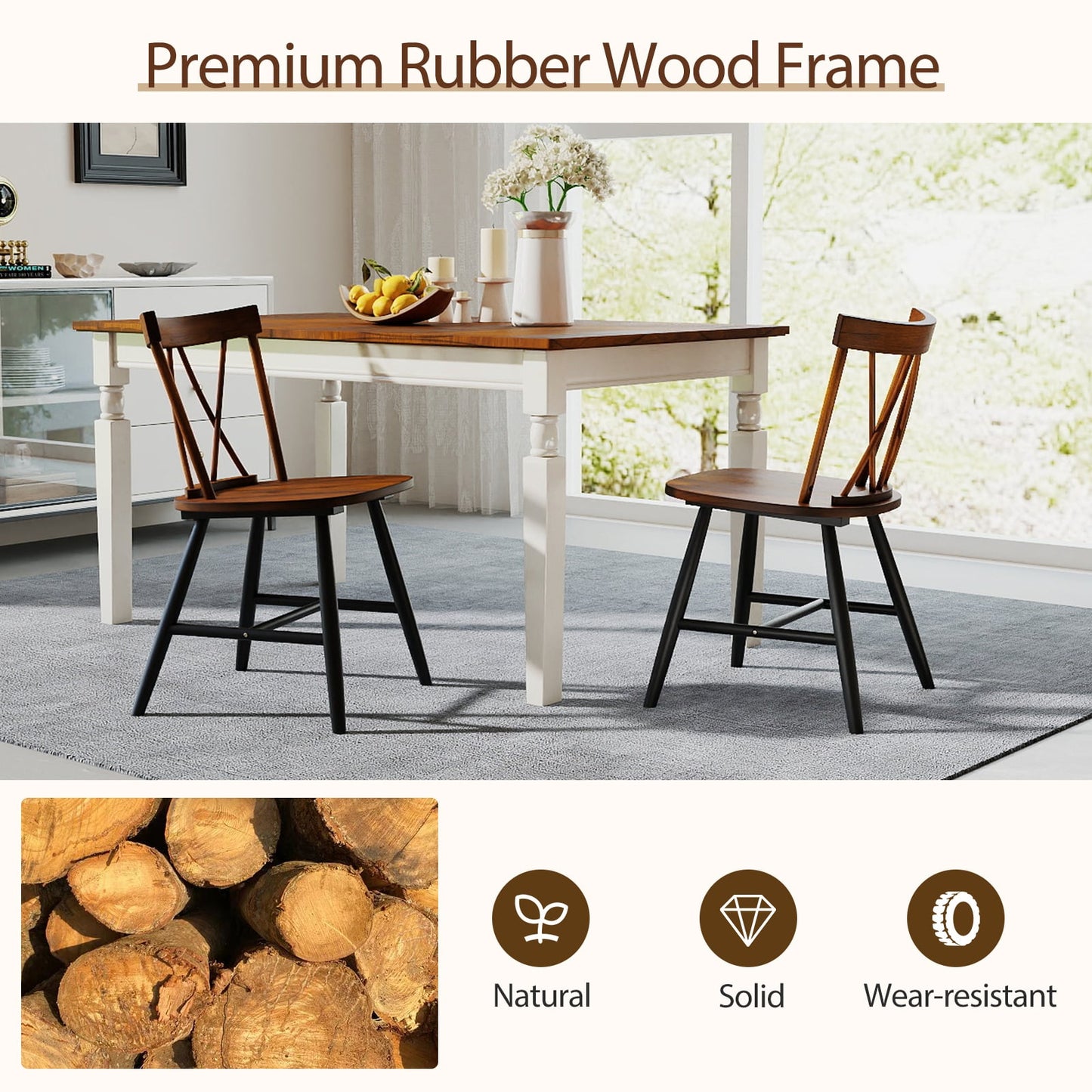 Set of 4 Dining Chairs with Rubber Wood Frame and Curved Cross Back, Dark Brown