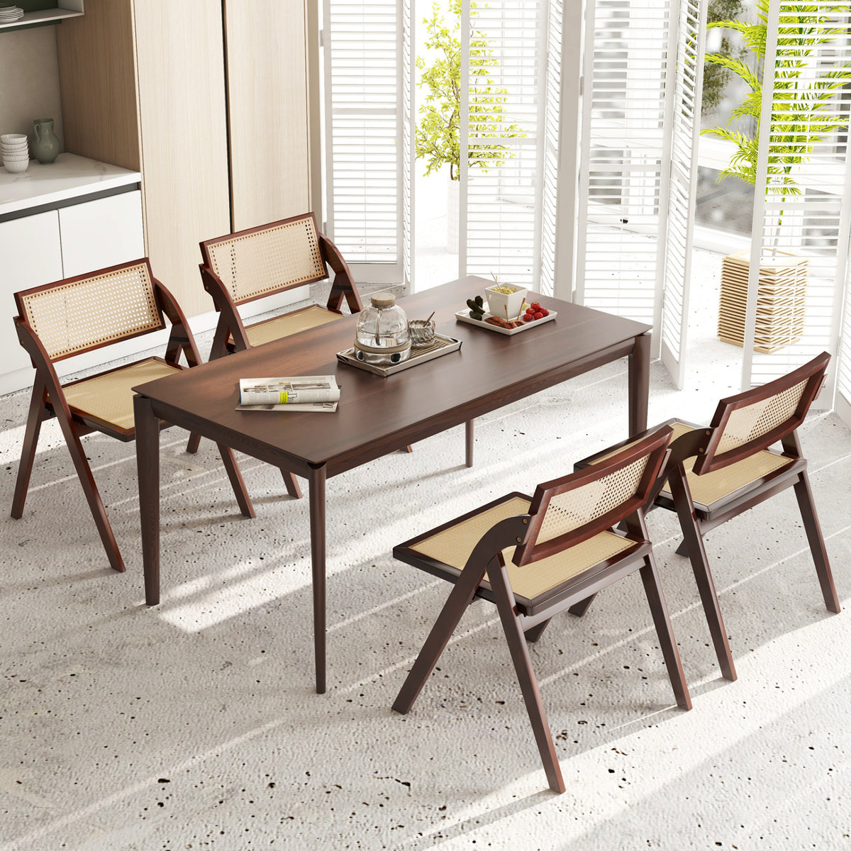 4 Foldable Dining Chairs, Woven Rattan Backrest, Brown