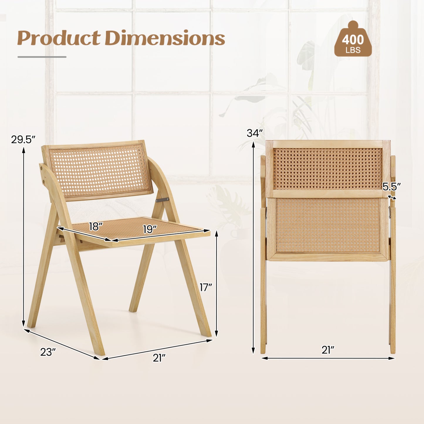 4 Foldable Dining Chairs, Woven Rattan Backrest, Natural