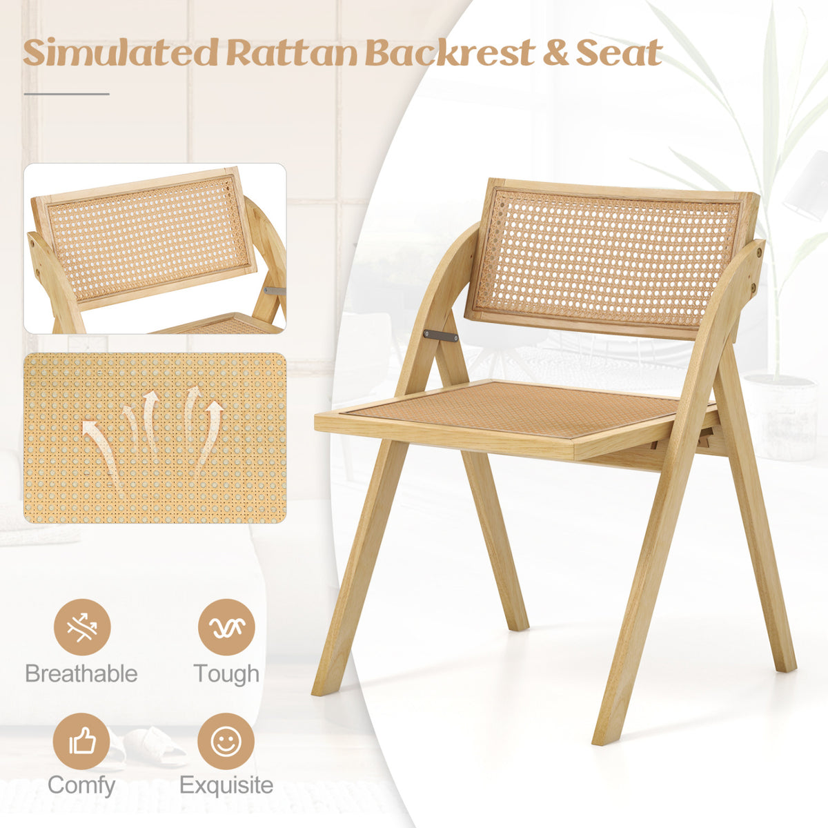 4 Foldable Dining Chairs, Woven Rattan Backrest, Natural