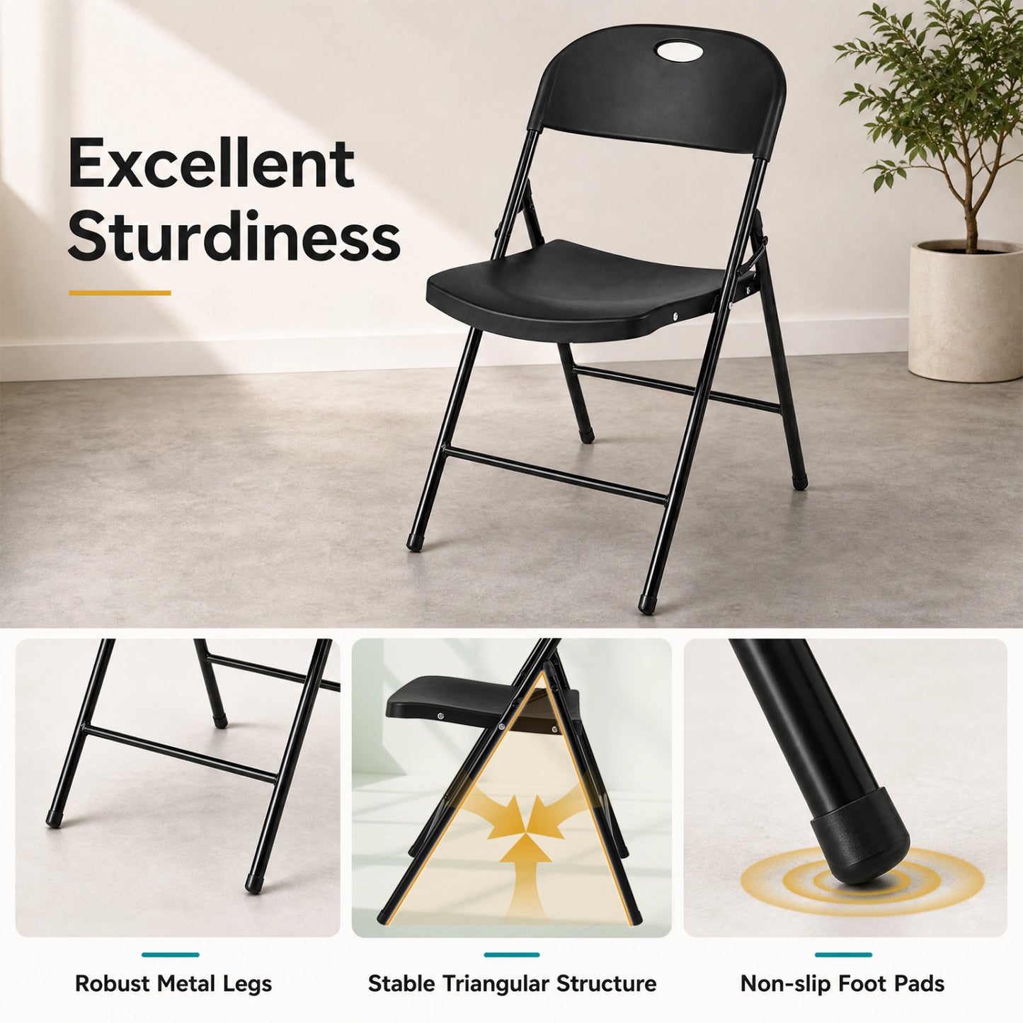 Set of 4 Foldable Plastic Chairs, Black