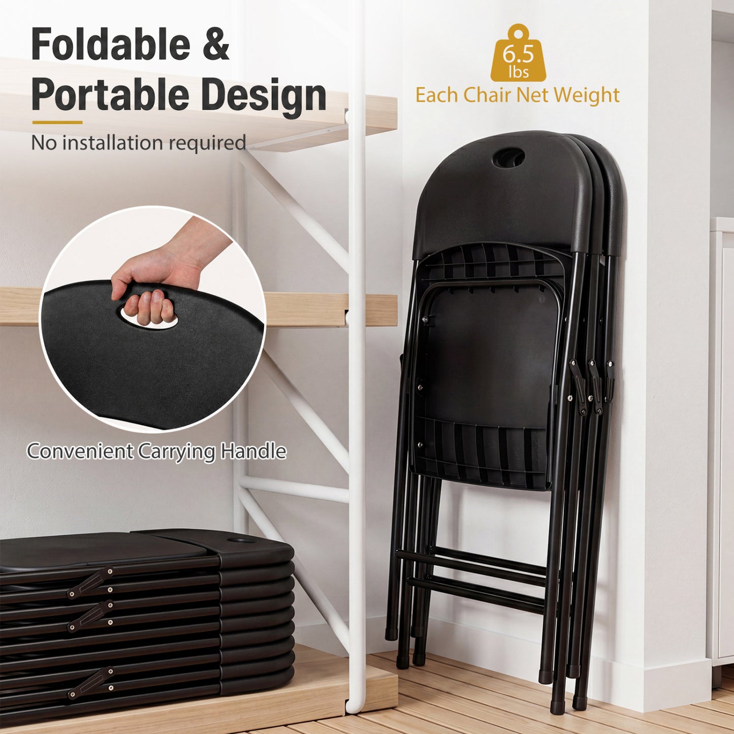 Set of 4 Foldable Plastic Chairs, Black