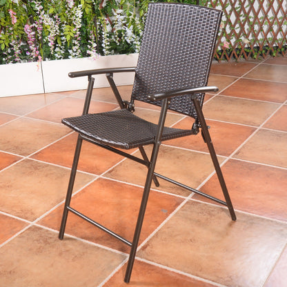 Set of 4 Folding Rattan Bar Chairs, With Footrests and Armrests, Brown