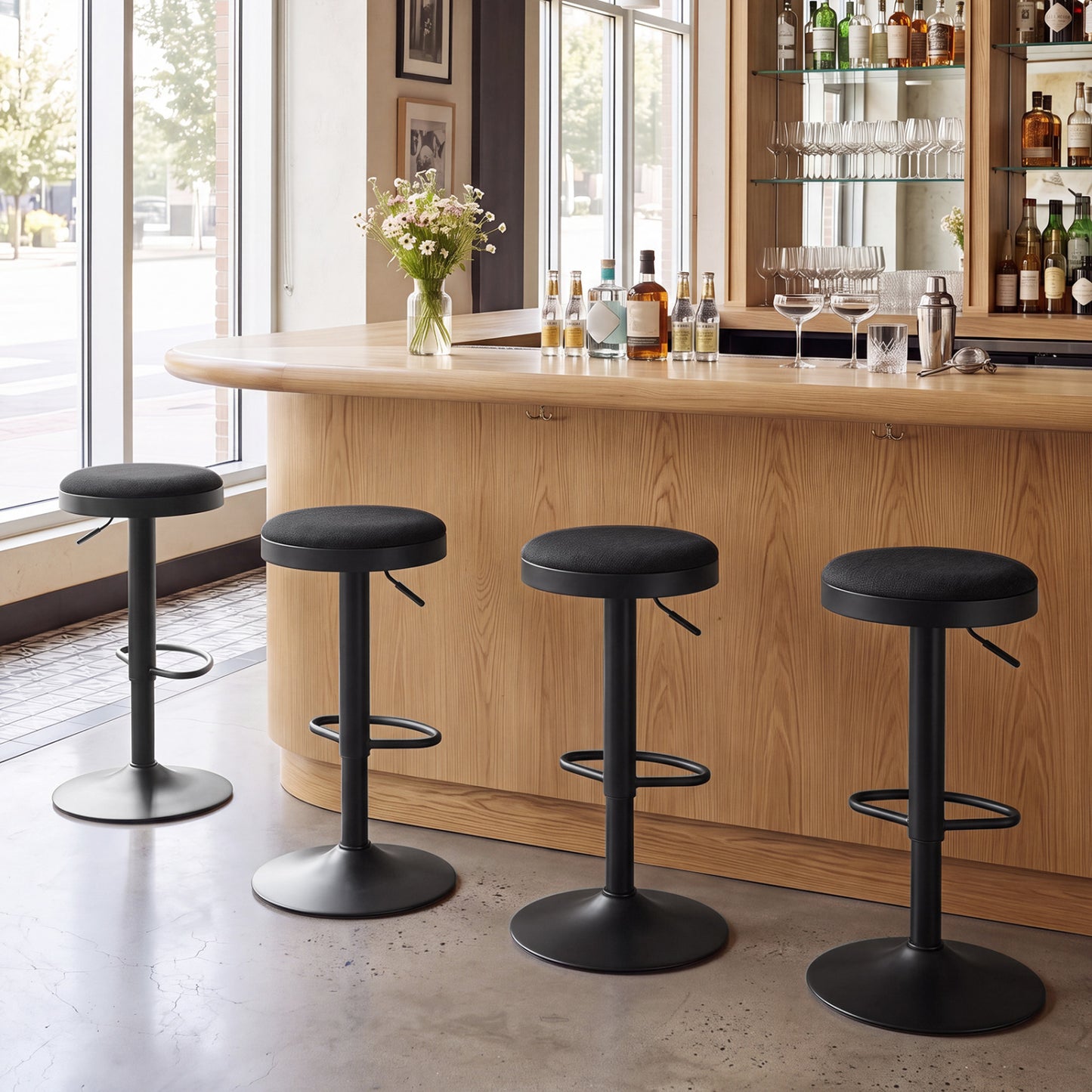 Set of 4 Kitchen Bar Stools with Height Adjustment Padded Seat and D-Shaped Footrest, Black