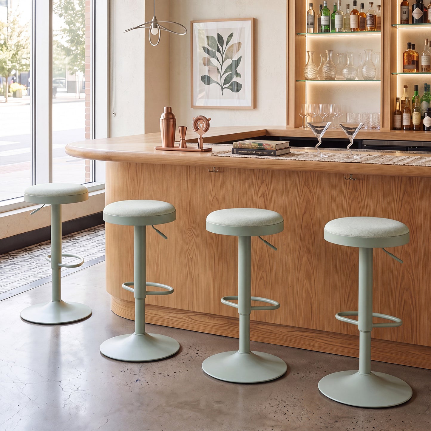 Set of 4 Kitchen Bar Stools, Adjustable Height, Green