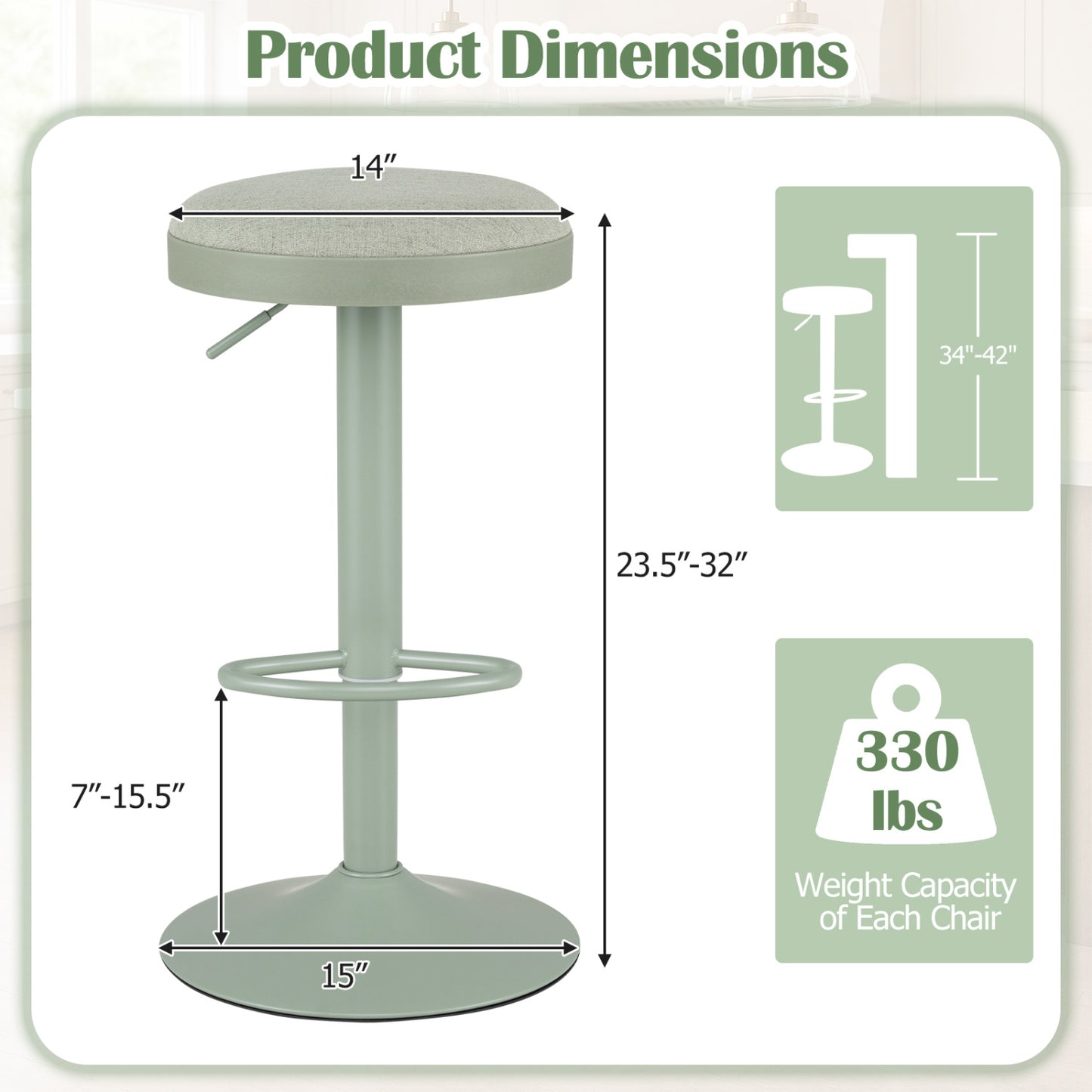 Set of 4 Kitchen Bar Stools, Adjustable Height, Green