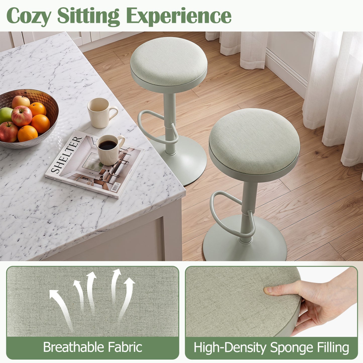 Set of 4 Kitchen Bar Stools, Adjustable Height, Green