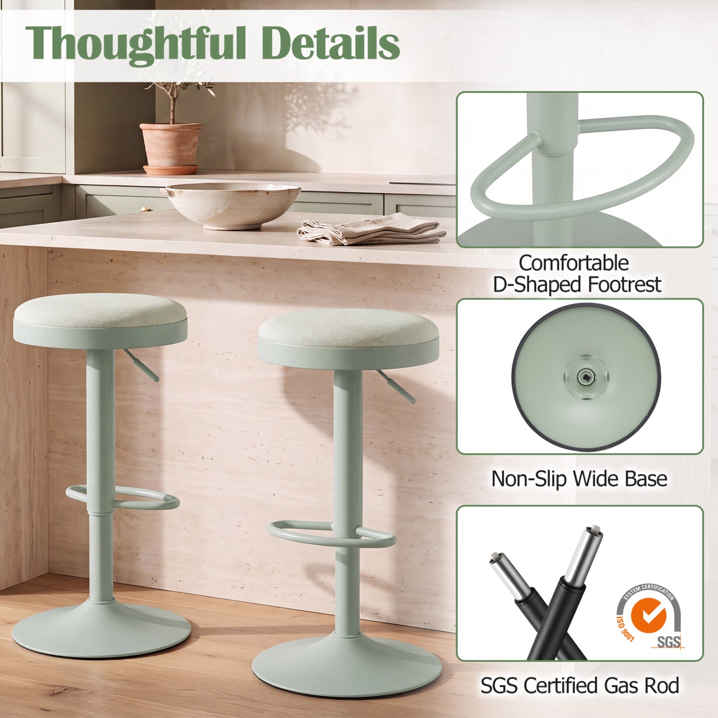 Set of 4 Kitchen Bar Stools, Adjustable Height, Green