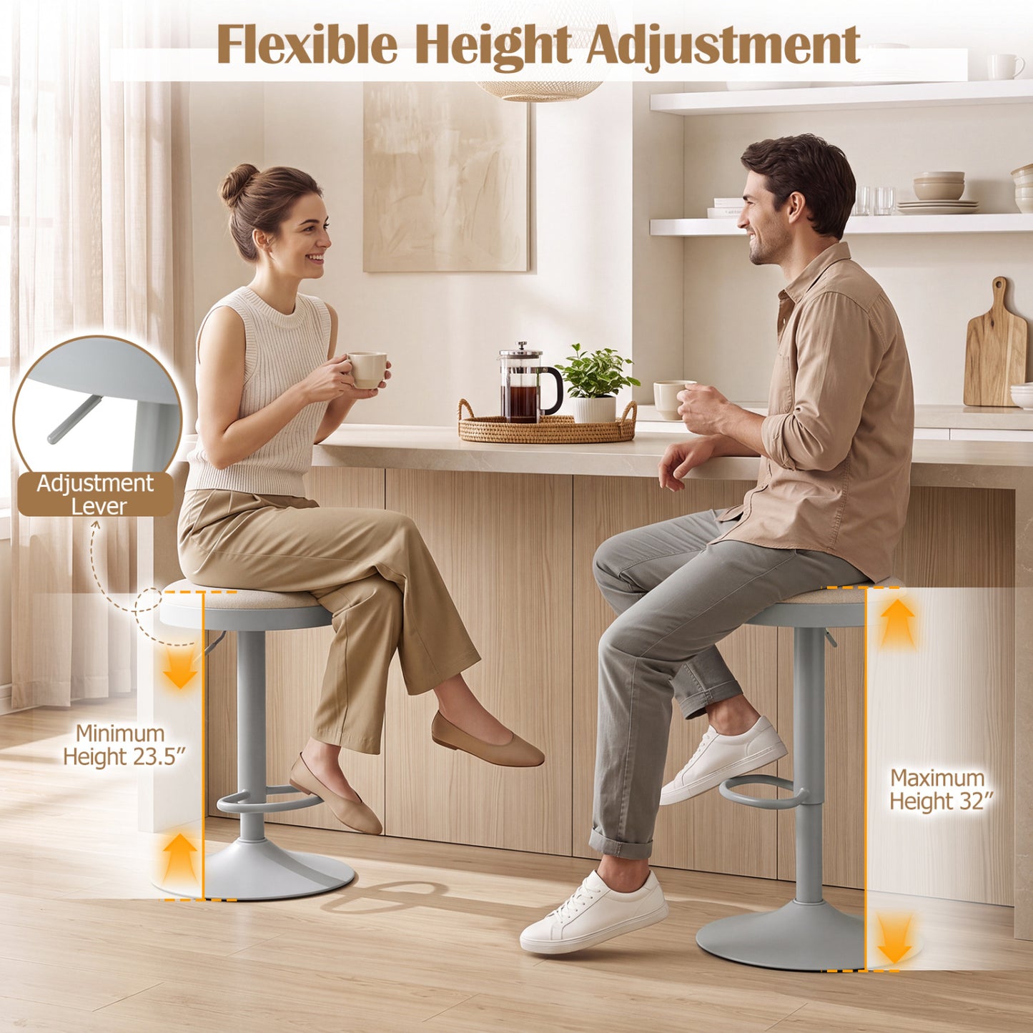 Set of 4 Bar Stools, Height Adjustable, Gray