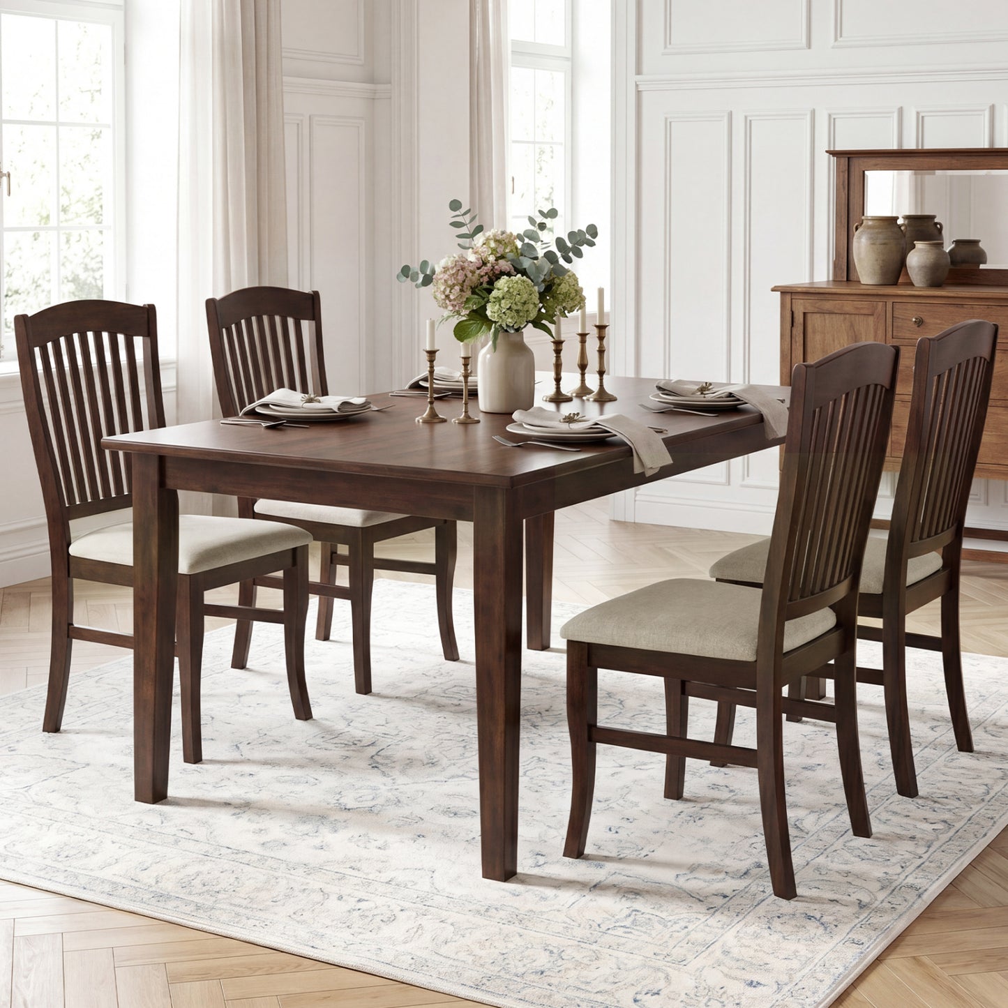 Set Of 4 Kitchen Side Chairs, Rubber Wood Frame, Padded Seat, White & Brown