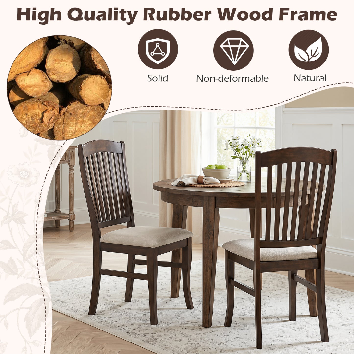 Set Of 4 Kitchen Side Chairs, Rubber Wood Frame, Padded Seat, White & Brown