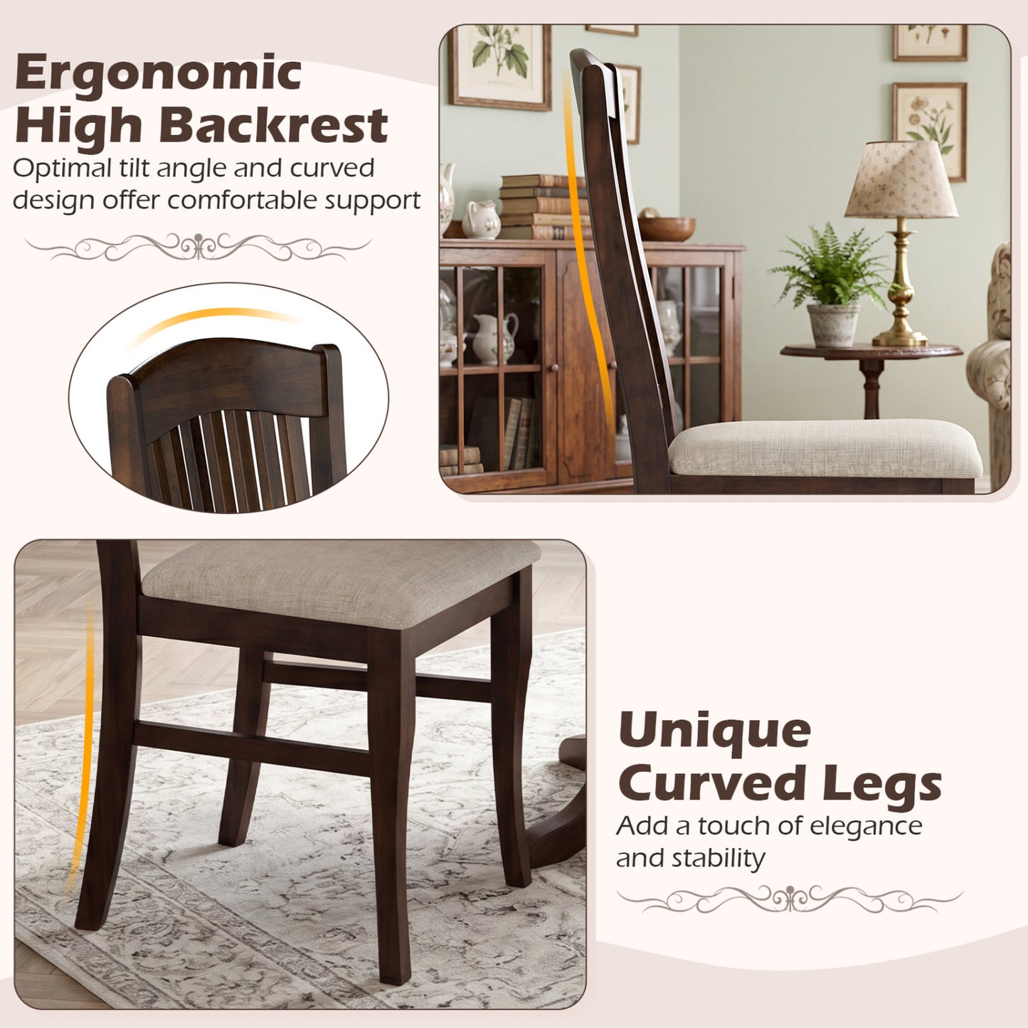 Set Of 4 Kitchen Side Chairs, Rubber Wood Frame, Padded Seat, White & Brown