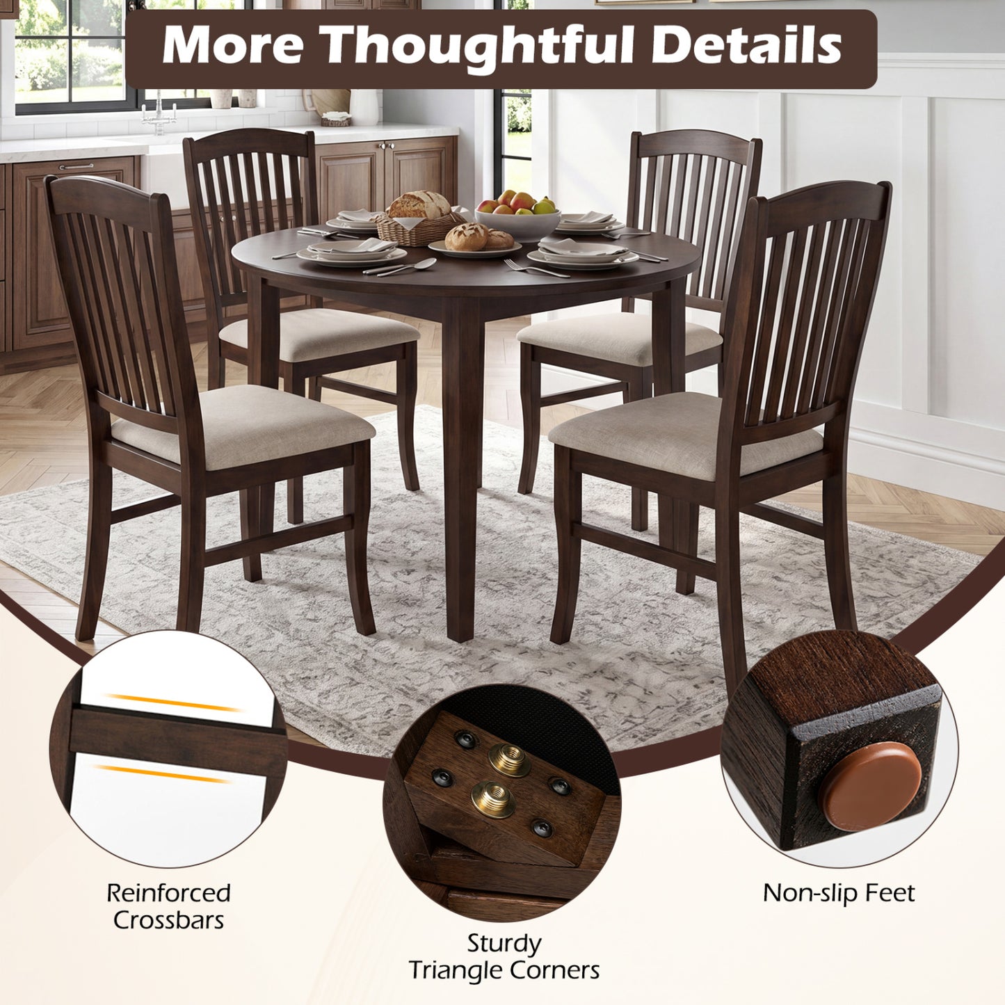 Set Of 4 Kitchen Side Chairs, Rubber Wood Frame, Padded Seat, White & Brown