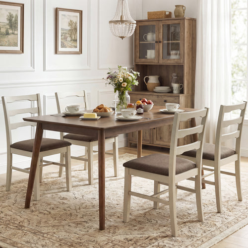 Set of 4 Linen Style Upholstered Dining Chairs with Wood Frames, White