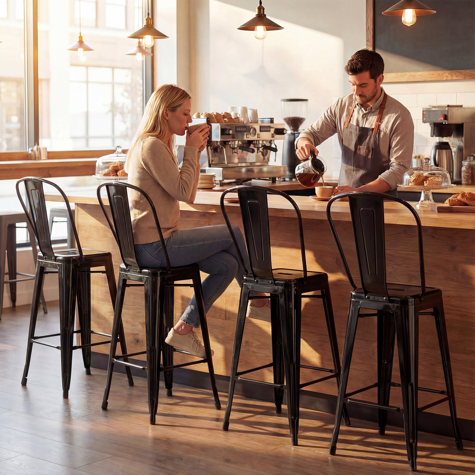 Set of 4 Metal Bar Stools with Backrests, Black Bar Stools at Gallery Canada