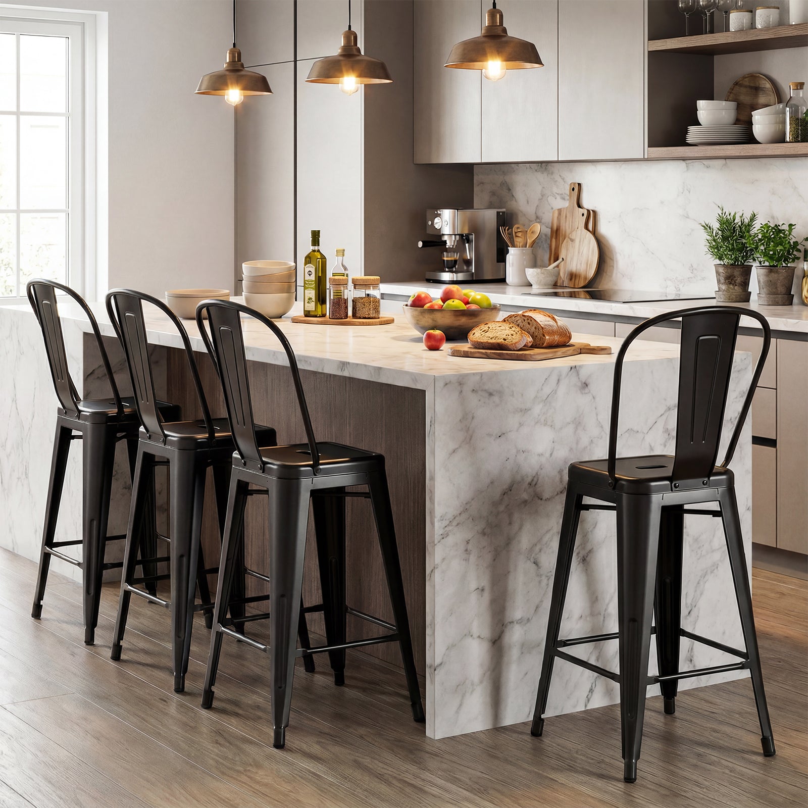 Set of 4 Metal Bar Stools with Backrests, Black Bar Stools at Gallery Canada