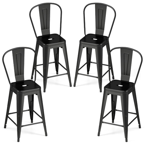 Set of 4 Metal Bar Stools with Backrests, Black