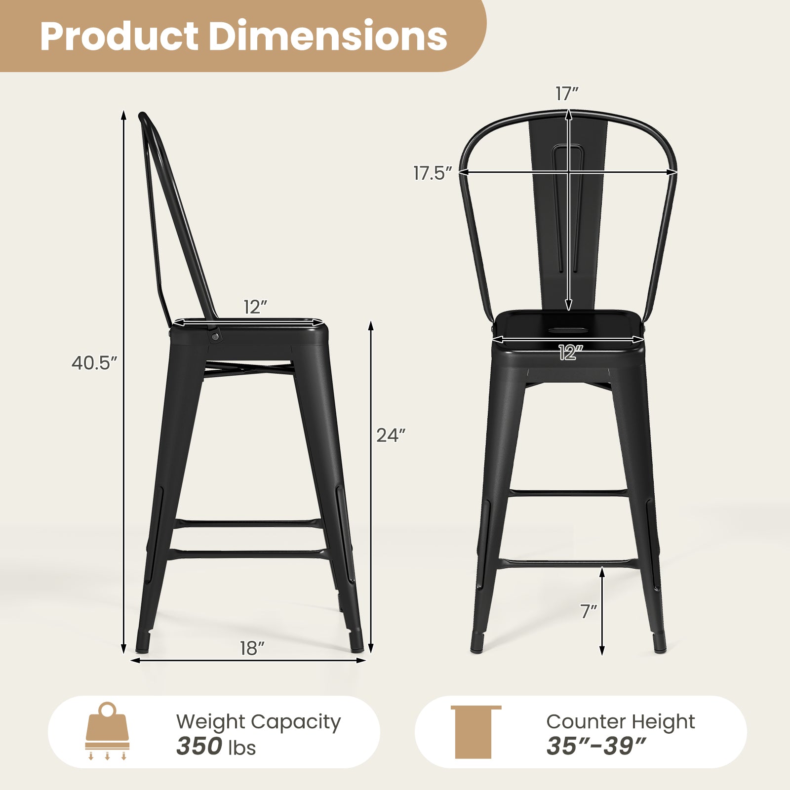 Set of 4 Metal Bar Stools with Backrests, Black Bar Stools at Gallery Canada