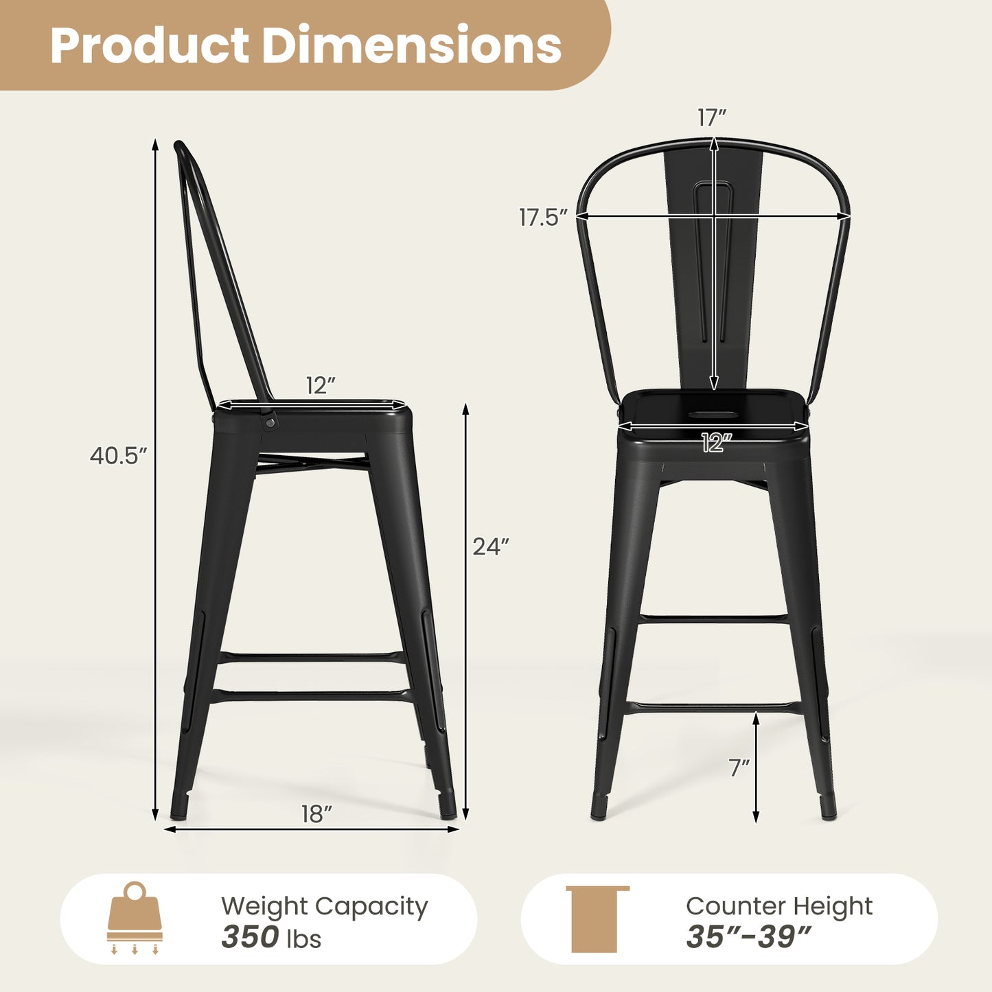 Set of 4 Metal Bar Stools with Backrests, Black Bar Stools at Gallery Canada